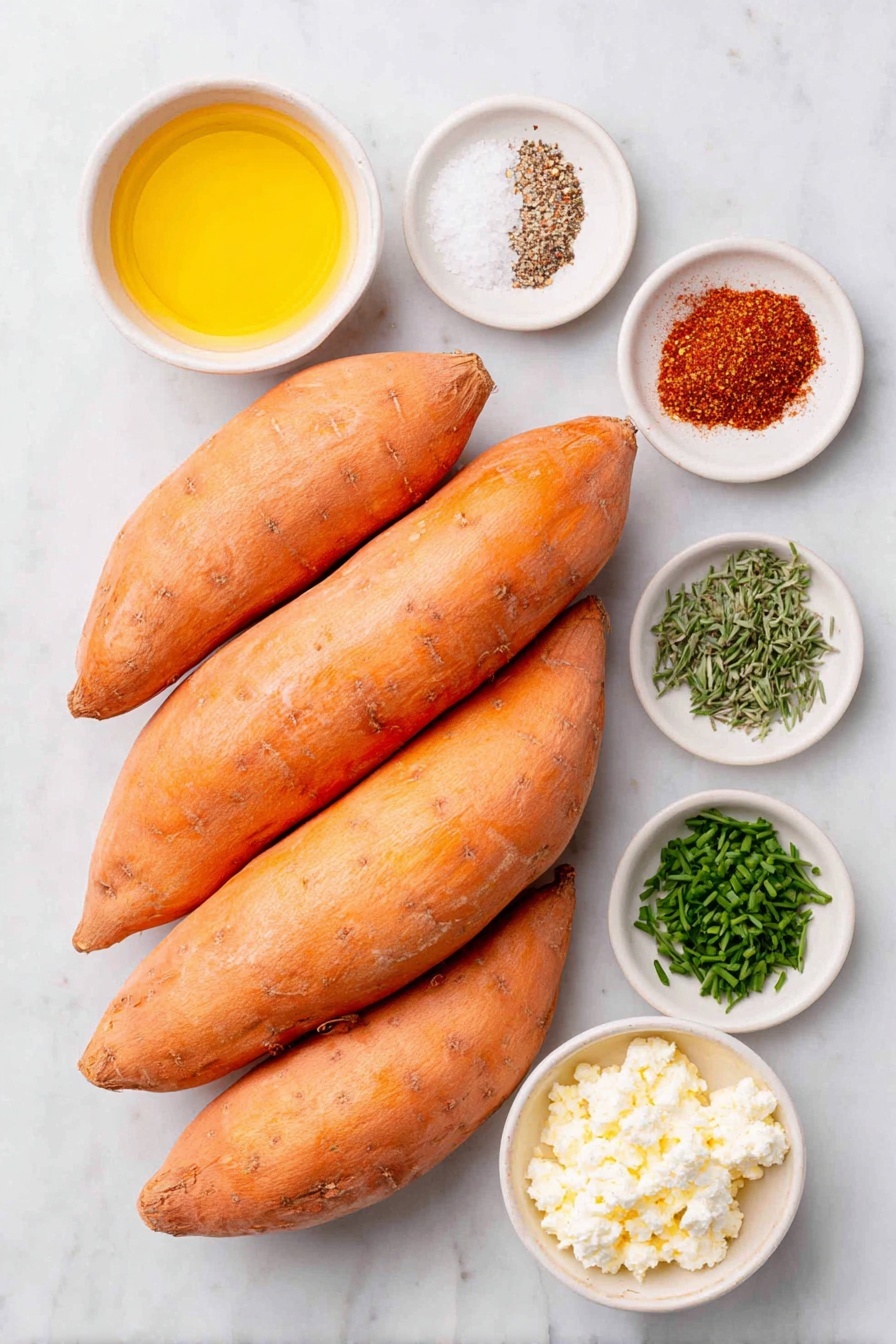 Roasted Sweet Potato Rounds with Honey and Feta, roasted sweet potato snack, sweet potato appetizer, honey feta sweet potato, savory sweet potato bites - Flat lay of a stack of three large sweet potatoes with bright orange skin, a small white bowl of golden olive oil, a small white bowl containing a warm brown spice mix of cinnamon, smoked paprika, cumin, coriander, and red pepper flakes, a small white bowl of coarse kosher salt next to a small white bowl with fresh cracked black pepper, a small white bowl filled with amber honey, a small white bowl of crumbly white feta cheese, and a small bunch of fresh green chives and parsley sprigs placed neatly, all arranged in perfect symmetry, the ingredients looking fresh and natural, placed on a clean white marble surface, soft natural light, photo taken with an iPhone, professional food photography style, fresh ingredients, white ceramic bowls, no bottles, no duplicates, no utensils, no packaging --ar 2:3 --v 7 --p awthu7i m7354615311229779997