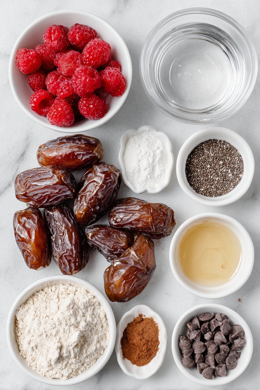 Raspberry Date Brownie Bites, healthy brownie bites with raspberry and dates, easy no-bake brownie bites, decadent fruit-filled brownie bites, gluten-free raspberry brownie treats - Flat lay of fresh large medjool dates with glossy brown skins, a small white bowl of vibrant frozen raspberries starting to thaw, a few loose chia seeds scattered neatly, a small white bowl filled with clear water, a small white bowl with fine white arrowroot powder, a small pile of rich dark cocoa powder, a small white bowl of amber maple syrup, a small dollop of creamy runny nut butter, a small mound of light oat flour, a small white bowl with pale almond milk, a small white dish holding a tiny amount of golden vanilla extract, a small white bowl filled with smooth dark chocolate chips, and a small white bowl with glossy melted coconut oil, all arranged in perfect symmetry and realistic proportions, placed on a clean white marble surface, soft natural light, photo taken with an iPhone, professional food photography style, fresh ingredients, white ceramic bowls, no bottles, no duplicates, no utensils, no packaging --ar 2:3 --v 7 --p awthu7i m7354615311229779997