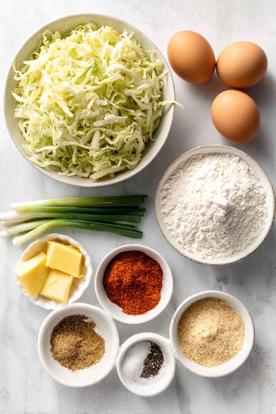 Cabbage Fritters, Cabbage Fritters Recipe, savory cabbage fritters, crispy cabbage fritters, easy vegetable fritters - Flat lay of a small pile of finely shredded green cabbage, two medium-small bright orange grated carrots, three fresh green scallions sliced thinly, two whole uncracked brown eggs, a small mound of white all-purpose flour, two peeled garlic cloves minced finely, a small white ceramic bowl of golden yellow ghee, a small white ceramic bowl of coarse sea salt crystals, a small white ceramic bowl of ground black pepper, a small white ceramic bowl of vibrant red paprika powder, and a small white ceramic bowl of light brown ground coriander powder, all arranged symmetrically on a clean white marble surface, soft natural light, photo taken with an iPhone, professional food photography style, fresh ingredients, white ceramic bowls, no bottles, no duplicates, no utensils, no packaging --ar 2:3 --v 7 --p awthu7i m7354615311229779997