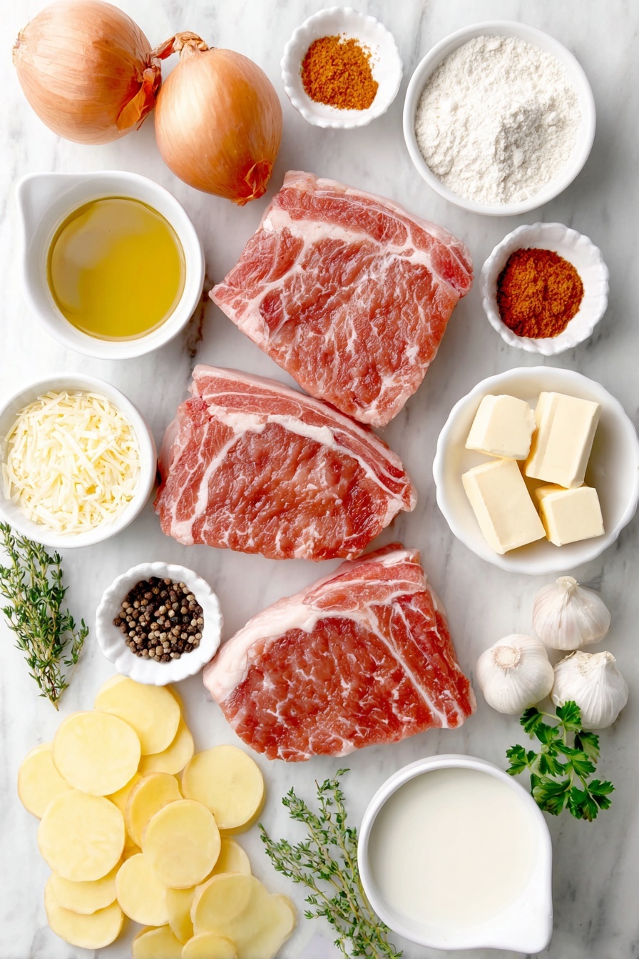 Smothered Pork Chops with Scalloped Potatoes, hearty pork chop dinner, creamy scalloped potatoes recipe, comforting pork chop casserole, easy one-pot pork recipe - Flat lay of fresh boneless pork chops with natural marbling, a small white bowl of golden olive oil, a small pile of coarse salt and whole black peppercorns, a small white bowl with bright red paprika powder, a small white bowl of pale garlic powder, a small white bowl of light brown onion powder, a medium yellow onion thinly sliced, three whole uncracked brown garlic cloves, a few cubes of pale unsalted butter, a small white bowl filled with white all-purpose flour, a small white bowl of whole milk, a small white bowl of clear golden chicken broth, a small white bowl of thick creamy heavy cream, fresh green thyme sprigs, thinly sliced Yukon gold potatoes fanned out, a small pile of shredded pale mozzarella cheese, and fresh bright green parsley sprigs, all arranged symmetrically on a simple white ceramic plate and bowls placed on a clean white marble surface, soft natural light, photo taken with an iPhone, professional food photography style, fresh ingredients, white ceramic bowls, no bottles, no duplicates, no utensils, no packaging --ar 2:3 --v 7 --p awthu7i m7354615311229779997