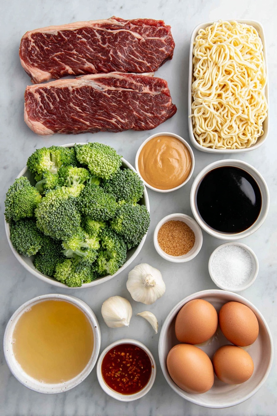 Beef and Broccoli Ramen Stir Fry, Beef and Broccoli Stir Fry, Ramen Noodle Stir Fry Recipes, Easy Beef Stir Fry, Quick Ramen Dinner - Flat lay of a fresh strip steak sliced thinly, bright green broccoli florets, a small bundle of uncooked pale yellow ramen noodles, three whole garlic cloves with clean white skins, a small white ceramic bowl of dark low sodium soy sauce, a small white ceramic bowl of amber honey, a small white ceramic bowl of smooth light brown peanut butter, a small white ceramic bowl of brown sugar crystals, a small white ceramic bowl of reddish hot sauce, a small white ceramic bowl of glossy toasted sesame oil, a small white ceramic bowl of golden beef broth, a small white ceramic bowl of pale chicken broth, three whole brown eggs with clean shells, all ingredients arranged symmetrically with realistic proportions on a clean white marble surface, soft natural light, photo taken with an iPhone, professional food photography style, fresh ingredients, white ceramic bowls, no bottles, no duplicates, no utensils, no packaging --ar 2:3 --v 7 --p awthu7i m7354615311229779997