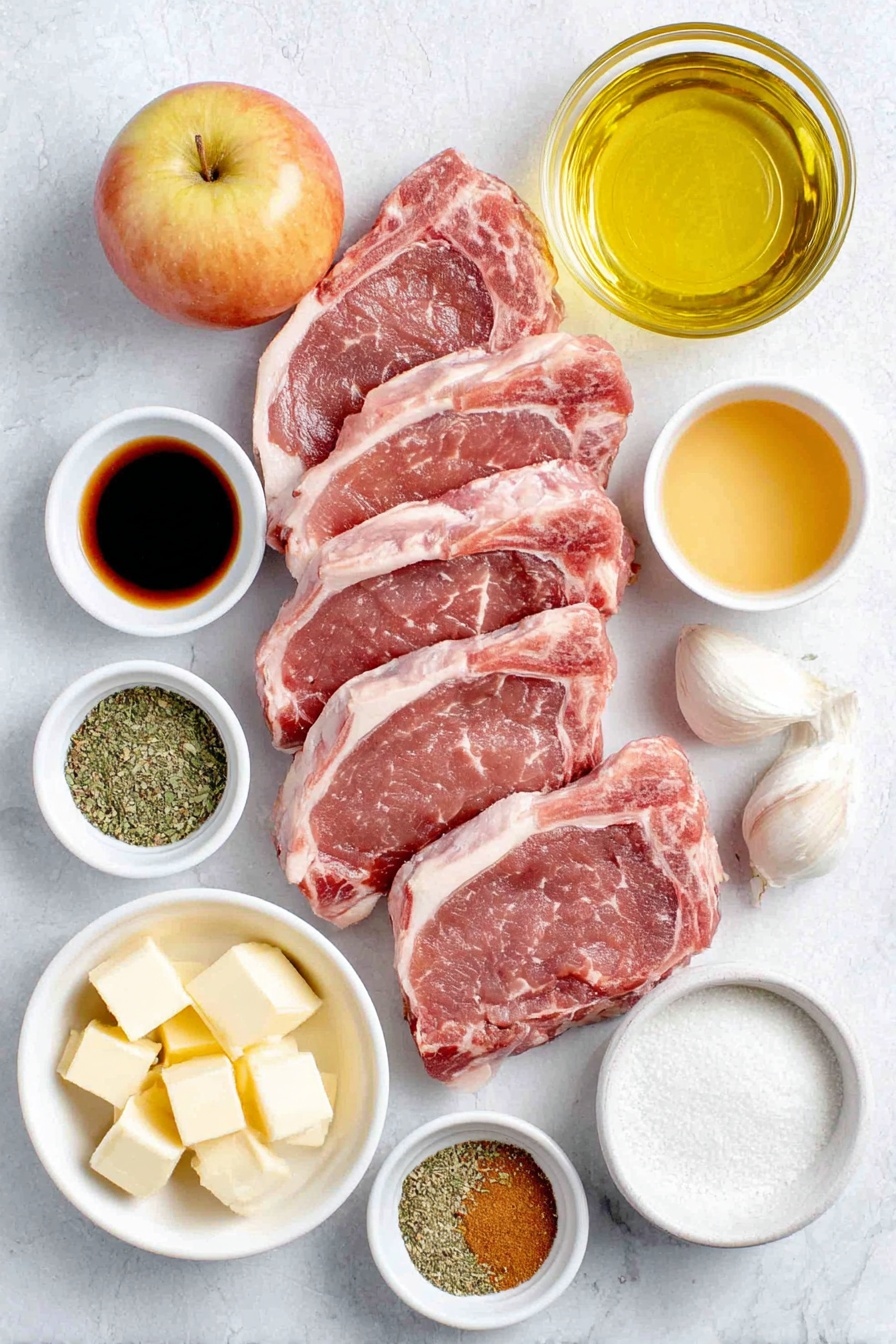 Apple Pork Chops with White Wine Sauce, pork chop recipes with apples, easy pork chop dinner, flavorful pork chop recipes, white wine pork dishes - Flat lay of four bone-in pork chops with marbled meat, a whole fresh apple with smooth skin, three whole uncracked garlic cloves, a small white ceramic bowl of golden olive oil, a small white ceramic bowl of pale dry white wine, a small white ceramic bowl of unsalted butter cubes, a small white ceramic bowl of light golden honey, a small white ceramic bowl of dark balsamic vinegar, a small white ceramic bowl of light brown sugar, a small white ceramic bowl of mixed dried herbs and spices (thyme, oregano, parsley, sage, cinnamon, nutmeg, mustard powder, onion powder), a small white ceramic bowl of pale chicken broth, and a small white ceramic bowl of white cornstarch powder, all arranged in perfect symmetry on a clean white marble surface, soft natural light, photo taken with an iPhone, professional food photography style, fresh ingredients, white ceramic bowls, no bottles, no duplicates, no utensils, no packaging --ar 2:3 --v 7 --p awthu7i m7354615311229779997