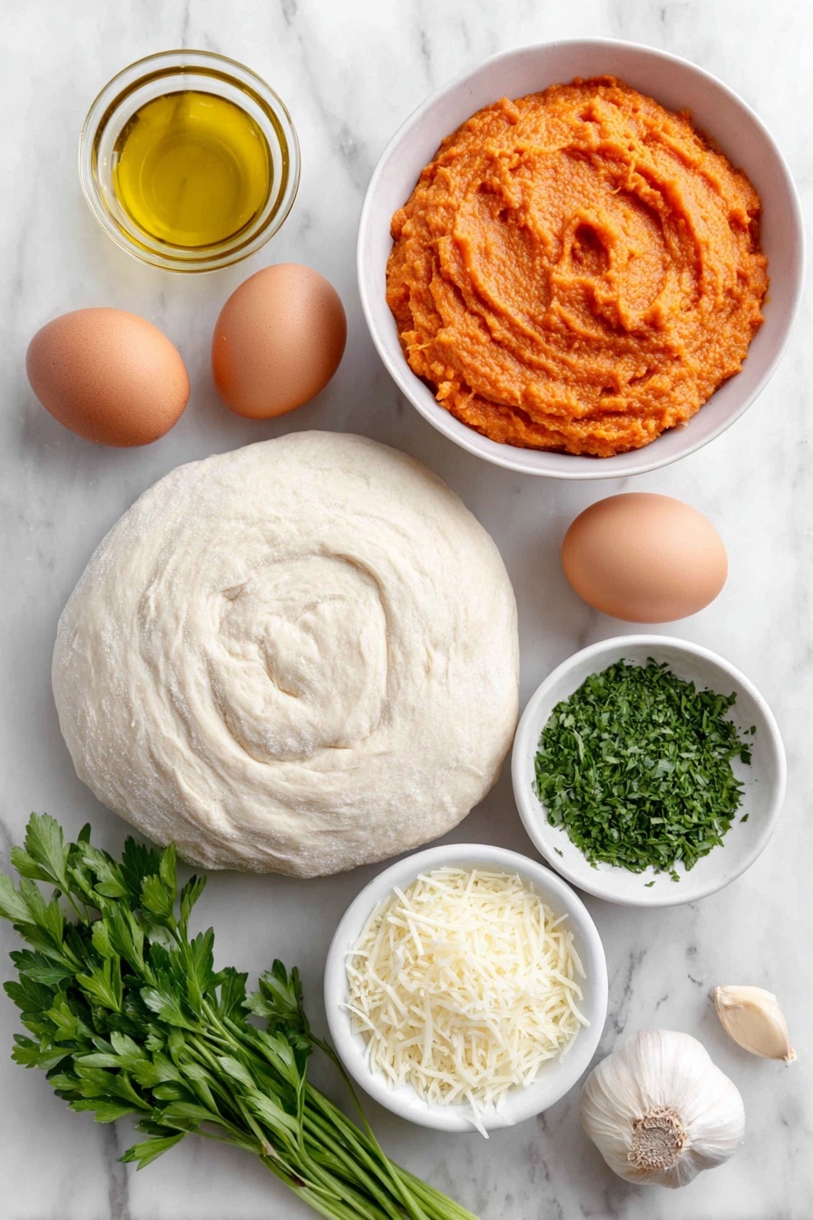 Pumpkin Gouda Pizza with Caramelized Onions, Pumpkin Gouda Pizza, Fall Pizza Recipes, Gourmet Pizza Ideas, Cozy Pumpkin Pizza - Flat lay of a small white ceramic bowl with smooth bright orange pumpkin puree, a few whole uncracked brown eggs, a neatly coiled ball of fresh pale pizza dough, a small white ceramic bowl filled with golden extra-virgin olive oil, a white ceramic bowl holding thinly sliced translucent yellow onion rings, a few fresh garlic cloves with papery skin intact, a small white ceramic bowl of crushed red pepper flakes, a modest pile of freshly grated creamy gouda cheese, and a small bunch of finely chopped vibrant green fresh parsley, all arranged symmetrically and proportionately with perfect balance, placed on a clean white marble surface, soft natural light, photo taken with an iPhone, professional food photography style, fresh ingredients, white ceramic bowls, no bottles, no duplicates, no utensils, no packaging --ar 2:3 --v 7 --p m7354615311229779997