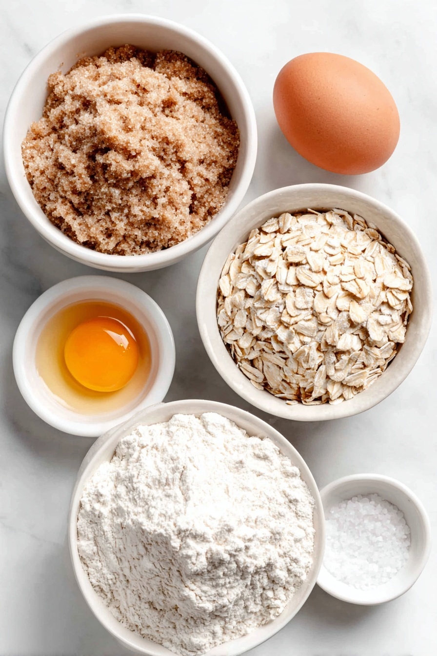 Delicious Lace Cookies with Oats and Brown Butter, lace cookies recipe, oat cookies, brown butter cookies, crispy lace cookies - Flat lay of a small white ceramic bowl of light brown packed sugar, a small white ceramic bowl of pale all-purpose flour, a small white ceramic bowl of rolled oats, a small white ceramic bowl of golden melted butter, a single whole clean-shelled brown egg, a few drops of golden vanilla extract in a tiny white ceramic bowl, and a small white ceramic bowl of coarse salt, all arranged in perfect symmetry with balanced proportions, placed on a clean white marble surface, soft natural light, photo taken with an iPhone, professional food photography style, fresh ingredients, white ceramic bowls, no bottles, no duplicates, no utensils, no packaging --ar 2:3 --v 7 --p m7354615311229779997