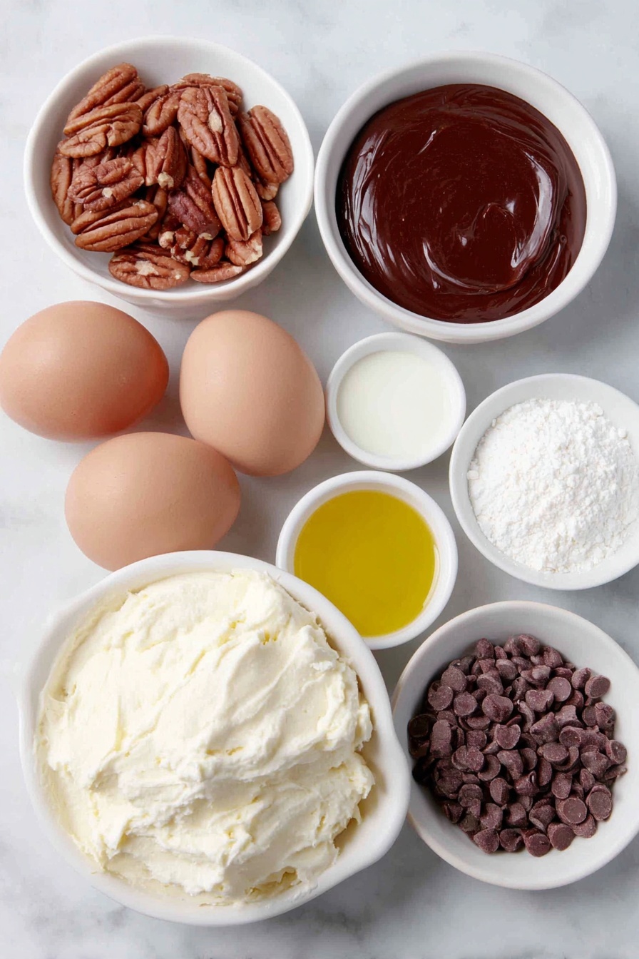 German Chocolate Poke Cake, chocolate poke cake, coconut pecan frosting cake, easy German chocolate cake, decadent poke cake dessert - Flat lay of three whole brown eggs with clean shells, a small pile of unshelled pecans, a small white ceramic bowl of glossy mini chocolate chips, a small white ceramic bowl of thick sweetened condensed milk, a small white ceramic bowl of rich hot fudge sauce, a tub of creamy coconut pecan frosting with visible coconut flakes and pecan pieces beside it, and a small white ceramic bowl containing golden vegetable oil, all arranged symmetrically on a clean white marble surface, soft natural light, photo taken with an iPhone, professional food photography style, fresh ingredients, white ceramic bowls, no bottles, no duplicates, no utensils, no packaging --ar 2:3 --v 7 --p m7354615311229779997