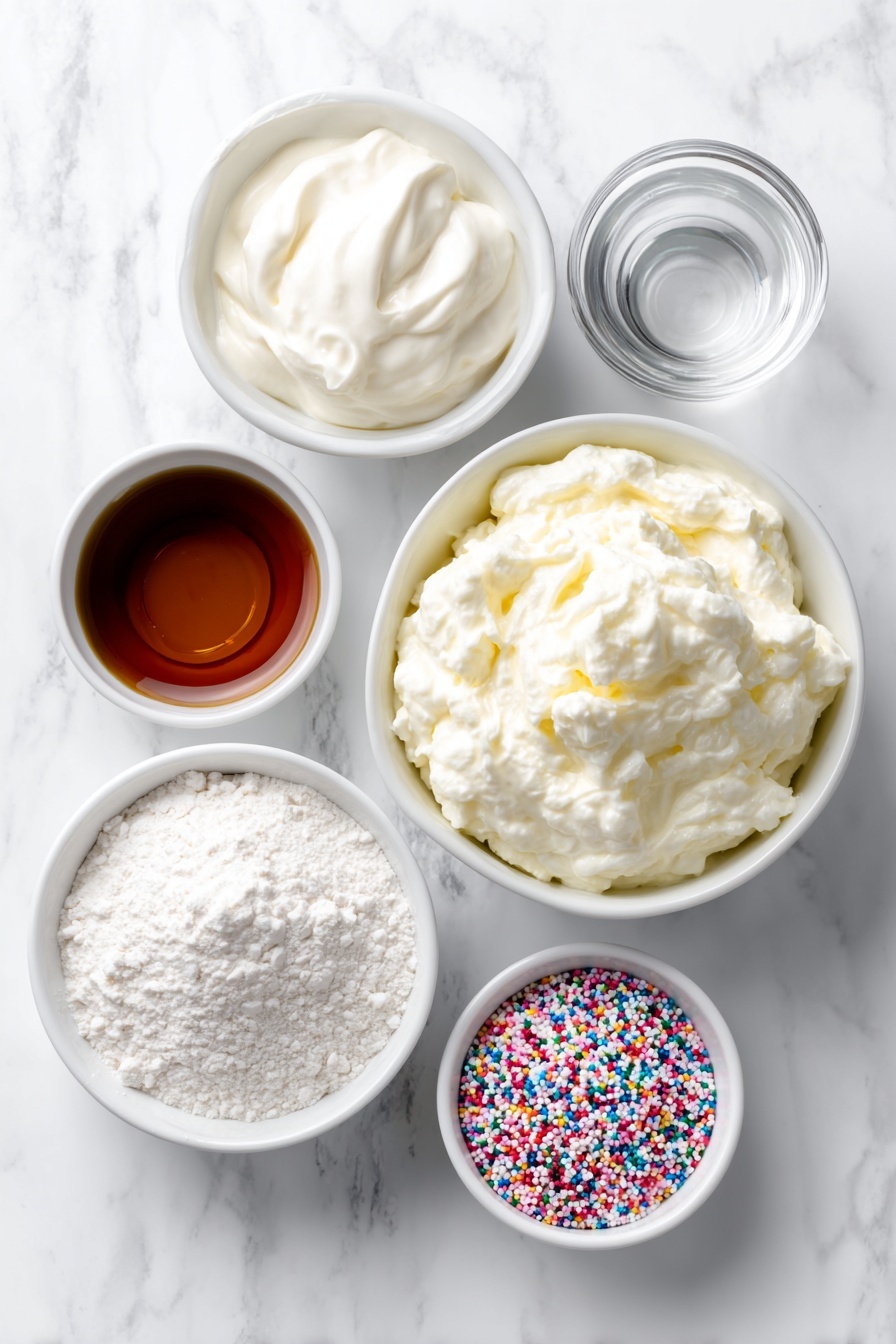 Protein Dunkaroo Dip, healthy protein dip, easy snack, Greek yogurt dip, kid-friendly party dip - Flat lay of a small white ceramic bowl filled with creamy plain Greek yogurt, a tiny white bowl holding clear vanilla extract, a small white bowl heaped with fine vanilla whey protein powder, a small white bowl containing amber-colored maple syrup, and a small white bowl brimming with colorful rainbow sprinkles, all ingredients fresh and natural, perfectly arranged in balanced symmetry, placed on a clean white marble surface, soft natural light, photo taken with an iPhone, professional food photography style, fresh ingredients, white ceramic bowls, no bottles, no duplicates, no utensils, no packaging --ar 2:3 --v 7 --p m7354615311229779997