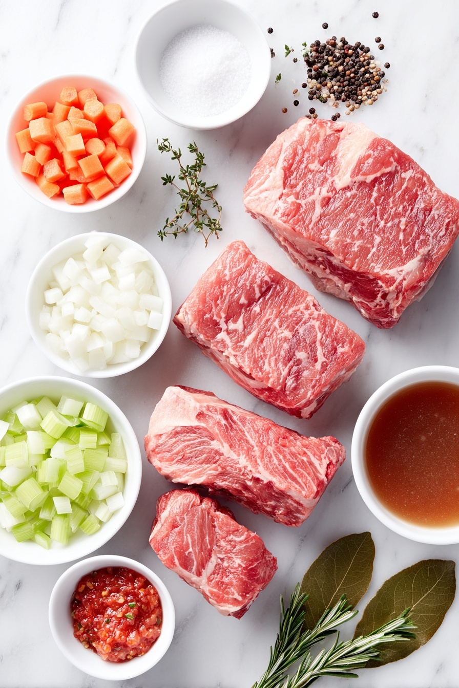 Italian Pot Roast, Italian Pot Roast Recipe, Italian Beef Roast, Slow Cooked Italian Beef, Italian-style Roast Beef - Flat lay of diced fresh bacon cubes, three large raw beef chuck pieces with visible marbling, a small mound of coarse sea salt and cracked black peppercorns, a small white bowl of diced white onion, a small white bowl of diced orange carrot, a small white bowl of diced celery stalks, a small white bowl with chopped fresh garlic cloves, a small white bowl with red pepper flakes, a small white bowl filled with rich beef broth, a small white bowl of crushed bright red tomatoes, fresh green thyme sprigs, fresh rosemary sprigs, a small white bowl with mixed Italian seasoning herbs, and two fresh green bay leaves arranged symmetrically and balanced, placed on a clean white marble surface, soft natural light, photo taken with an iPhone, professional food photography style, fresh ingredients, white ceramic bowls, no bottles, no duplicates, no utensils, no packaging --ar 2:3 --v 7 --p m7354615311229779997