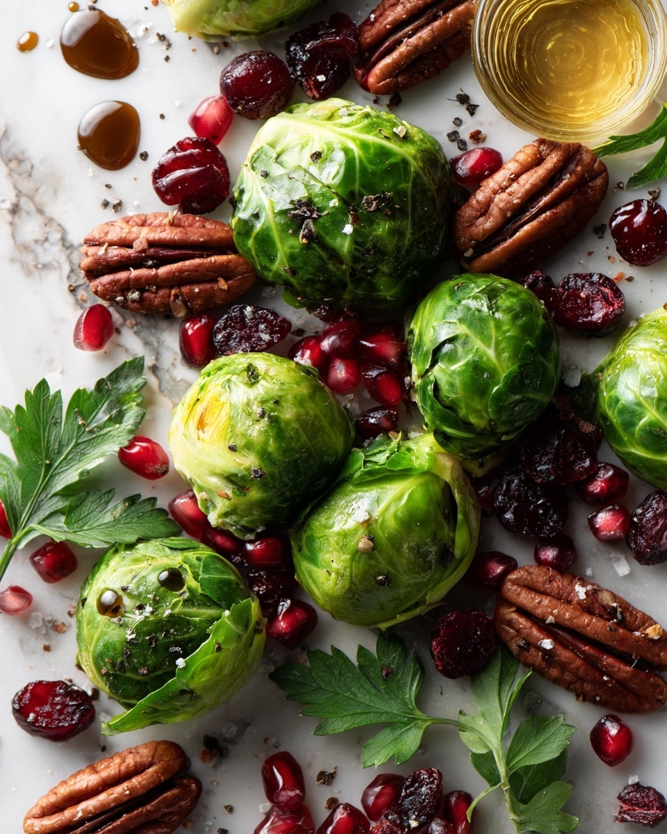 Balsamic Roasted Brussels Sprouts with Pecans and Cranberries, Brussels Sprouts side dish, roasted Brussels sprouts with berries and nuts, easy Brussels sprouts recipe, festive vegetable side - Flat lay of fresh green Brussels sprouts halved to reveal their tightly packed layers, glossy deep brown toasted pecan halves with rough textured edges, vibrant red dried cranberries scattered naturally, bright green fresh parsley leaves with delicate veins, small pools of dark, shiny balsamic vinegar, and golden amber honey droplets glistening softly, all arranged artfully with some crushed black pepper specks and coarse sea salt crystals sprinkled lightly, placed on white marbled surface, photo taken with an iphone --ar 2:3 --v 7