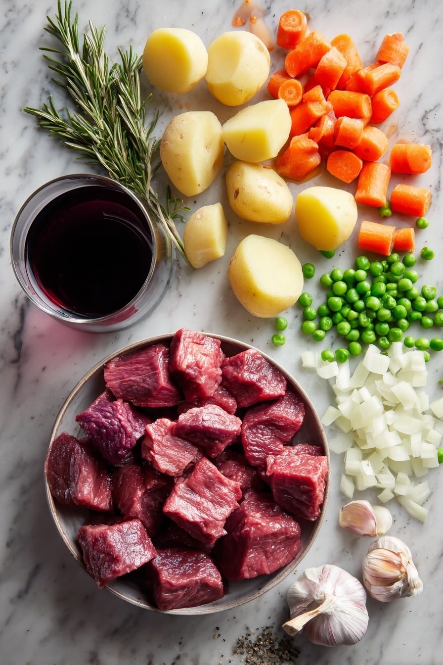 Slow Cooker Beef Stew with Red Wine and Vegetables, comforting beef stew, easy slow cooker recipes, hearty beef stew, cozy dinner ideas - Flat lay of rich red cubes of raw beef stew meat, bright orange carrot chunks, creamy pale yellow baby Yukon gold potatoes halved, glossy deep purple-red glass of cabernet sauvignon, fresh sprig of green rosemary, vibrant white and light purple diced onions, peeled cloves of garlic with smooth white skins, and bright green frozen peas scattered lightly, all arranged naturally with contrasting colors and textures, placed on white marbled surface, photo taken with an iphone --ar 2:3 --v 7