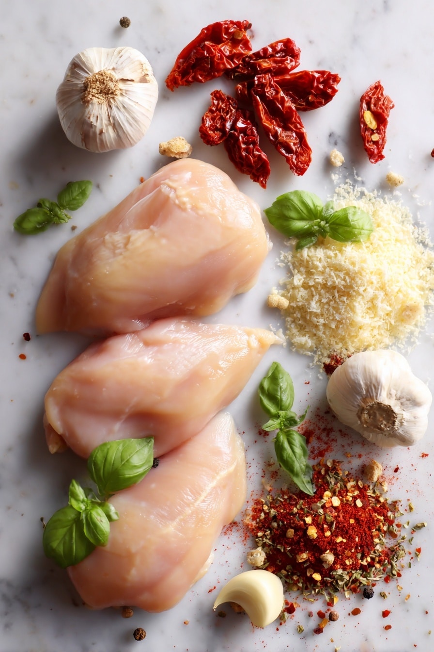Crock Pot Marry Me Chicken, creamy chicken dinner, easy slow cooker chicken recipe, sun-dried tomato chicken, romantic chicken dish - Flat lay of four raw boneless, skinless chicken breasts with smooth, pale pink skin, scattered bright red sun-dried tomatoes with a slightly wrinkled texture, several fresh basil leaves in vibrant green with delicate veins, whole garlic bulbs and peeled garlic cloves showing their creamy white color, a small pile of grated parmesan cheese with a fine, crumbly texture in off-white, a mix of dried Italian herbs with flecks of green and brown, whole red pepper flakes with deep red and orange tones, and a small mound of paprika powder in rich rusty red, all beautifully arranged in a natural, slightly scattered composition placed on white marbled surface, photo taken with an iphone --ar 2:3 --v 7