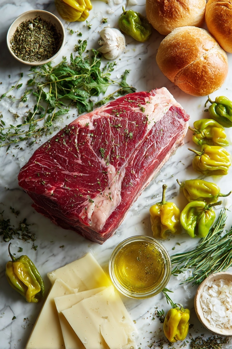 Italian Slow Cooker Beef Sandwiches with Pepperoncini, beef sandwich recipes, slow cooker beef sandwiches, pepperoncini beef sandwich ideas, easy slow cooker sandwiches - Flat lay of a large raw beef roast with rich red and marbled fat textures, scattered bright green and yellow pepperoncini peppers with wrinkled skins, fresh garlic herb seasoning sprinkled in small piles of dried herbs, a small glass jar of golden-yellow pepperoncini brine with a slight sheen, thick slices of creamy white provolone cheese, golden crusty sub rolls with a soft interior visible, and fresh sprigs of green Italian herbs gently placed around, all arranged naturally with overlapping elements and varied shapes, placed on white marbled surface, photo taken with an iphone --ar 2:3 --v 7