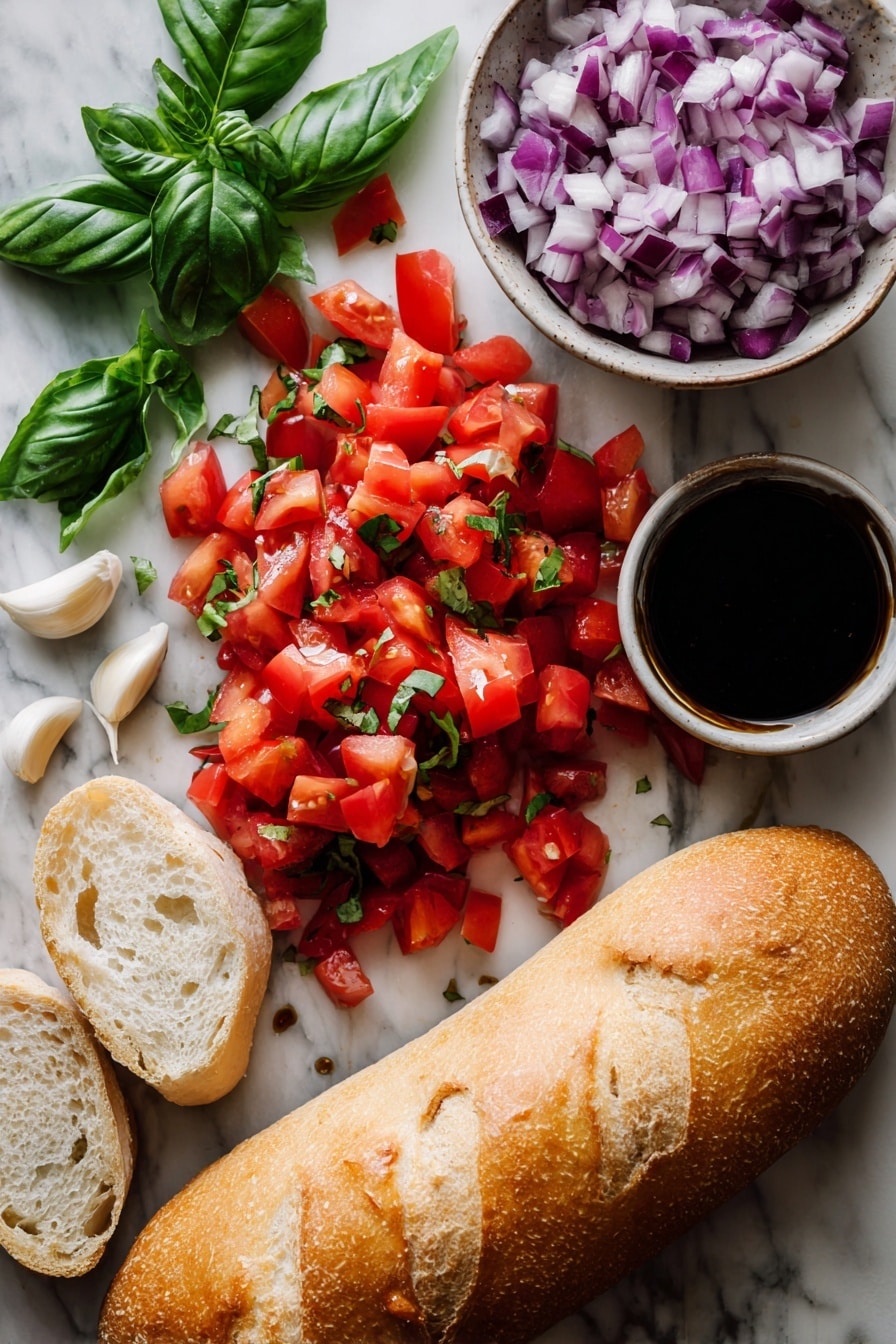 Tomato Bruschetta with Balsamic Glaze, easy tomato bruschetta, homemade balsamic glaze, fresh appetizer recipes, flavorful tomato toasts - Flat lay of ripe red roma tomatoes diced with vibrant purple-red diced red onion, bright green fresh basil leaves roughly chopped, plump cloves of garlic with smooth white papery skin, glossy deep brown balsamic vinegar reduced to a thick glaze, and a fresh loaf of crusty French baguette with a golden brown crust and soft creamy interior, all naturally arranged with scattered basil leaves and garlic cloves for texture contrast, placed on white marbled surface, photo taken with an iphone --ar 2:3 --v 7