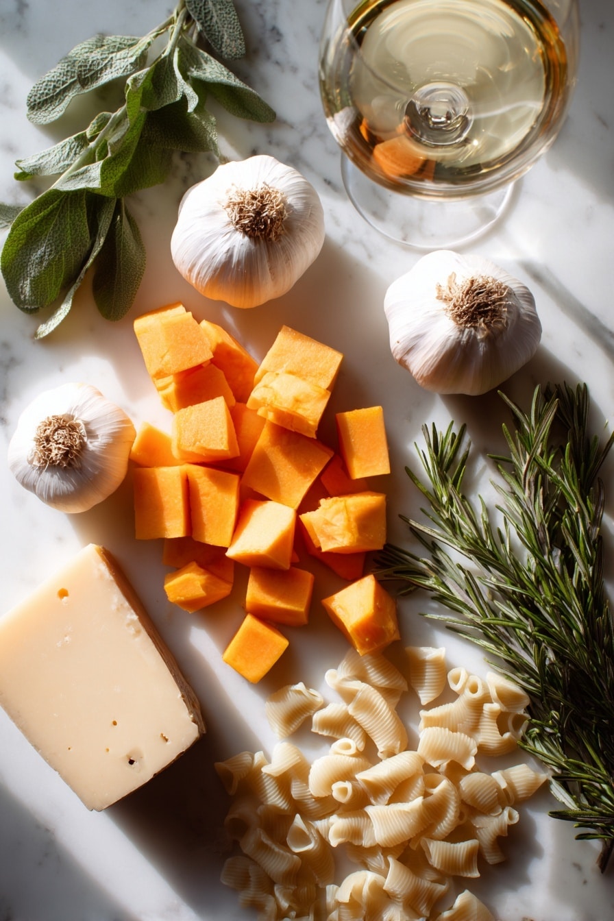 Roasted Pumpkin and Garlic Pasta, roasted pumpkin pasta, pumpkin garlic pasta, comforting pumpkin pasta dish, easy fall pasta recipes - Flat lay of medium-sized diced orange pumpkin pieces with smooth skin, two whole garlic bulbs with papery white skins and exposed cloves, fresh green rosemary sprigs with needle-like leaves, uncooked small pasta shapes in a pale cream color, a wedge of light yellow parmesan cheese with a slightly crumbly texture, a small bunch of fresh green herbs, and a glass of white wine showing a pale golden hue, all naturally scattered and artistically arranged with gentle shadows and soft natural light, placed on white marbled surface, photo taken with an iphone --ar 2:3 --v 7