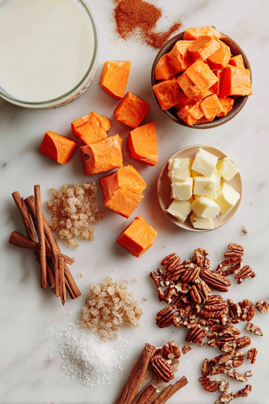 Vegan Sweet Potato Casserole with Pecan Topping, vegan sweet potato casserole, plant-based sweet potato bake, vegan holiday casserole, dairy-free sweet potato dish - Flat lay of vibrant peeled and chopped sweet potatoes with their bright orange flesh, a smooth open can of creamy white coconut milk, piles of golden brown sugar crystals sparkling softly, whole warm cinnamon sticks alongside whole nutmeg pods and ground cinnamon powder showing fine texture, a small heap of chopped glossy pecans with rich brown hues, and a chunk of soft vegan butter with a pale yellow color, all beautifully arranged with a mix of scattered spices and neatly grouped ingredients, placed on white marbled surface, photo taken with an iphone --ar 2:3 --v 7