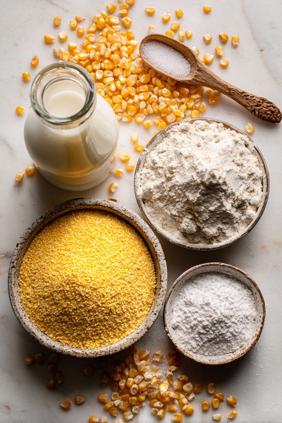 Vegan Cornbread, Vegan Cornbread Recipe, Plant-Based Cornbread, Moist Vegan Cornbread, Easy Vegan Cornbread - Flat lay of bright yellow corn kernels spilling from a small rustic bowl, golden yellow cornmeal piled high with a coarse, grainy texture, a neat stack of white all-purpose flour dusted lightly around its edges, a small heap of fine white granulated sugar sparkling softly, a smooth glass bottle of pale amber canola oil catching light, a carton of creamy white almond milk with a subtle sheen, and a wooden spoon gently scooping fine baking powder, with a pinch of white salt crystals nearby, all naturally arranged with soft shadows and highlights to emphasize their fresh, raw quality, placed on white marbled surface, photo taken with an iphone --ar 2:3 --v 7