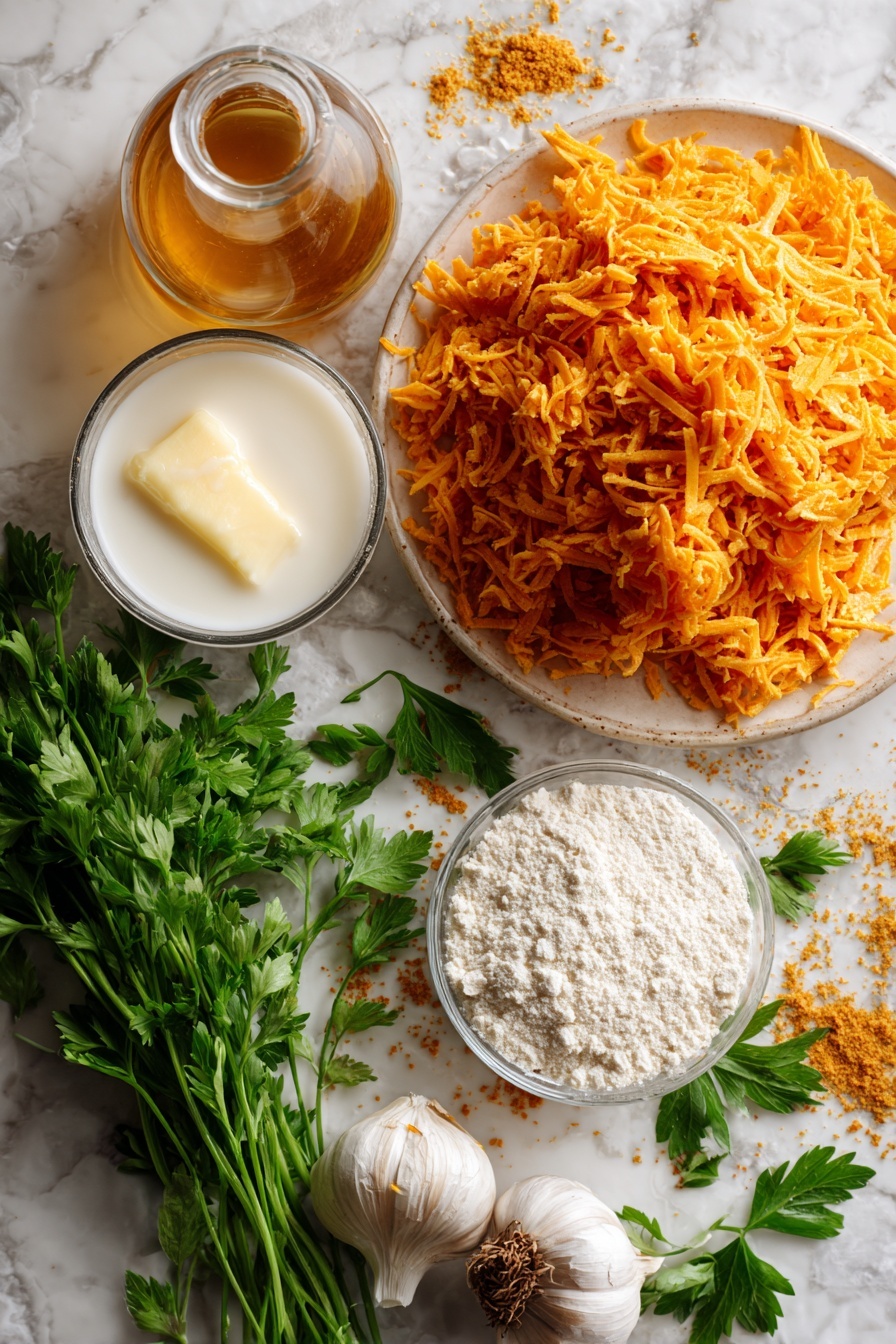 Vegan Cheddar Bay Biscuits, dairy-free cheese biscuits, vegan garlic biscuits, plant-based cheesy biscuits, fluffy vegan biscuit recipe - Flat lay of shredded vegan cheddar cheese with its rich orange color and crumbly texture, fresh bright green chopped parsley leaves scattered nearby, smooth and glossy melted vegan butter with a pale yellow hue in a small pool, a halved apple cider vinegar bottle showing its amber liquid inside, a small mound of fine white all-purpose flour with a slightly powdery texture, vibrant golden garlic powder sprinkled gently, whole unsweetened soy milk in a clear glass container showing its creamy white color, and a few fresh garlic cloves with papery white skin, all beautifully arranged in a natural, slightly scattered way to highlight their freshness and colors, placed on white marbled surface, photo taken with an iphone --ar 2:3 --v 7