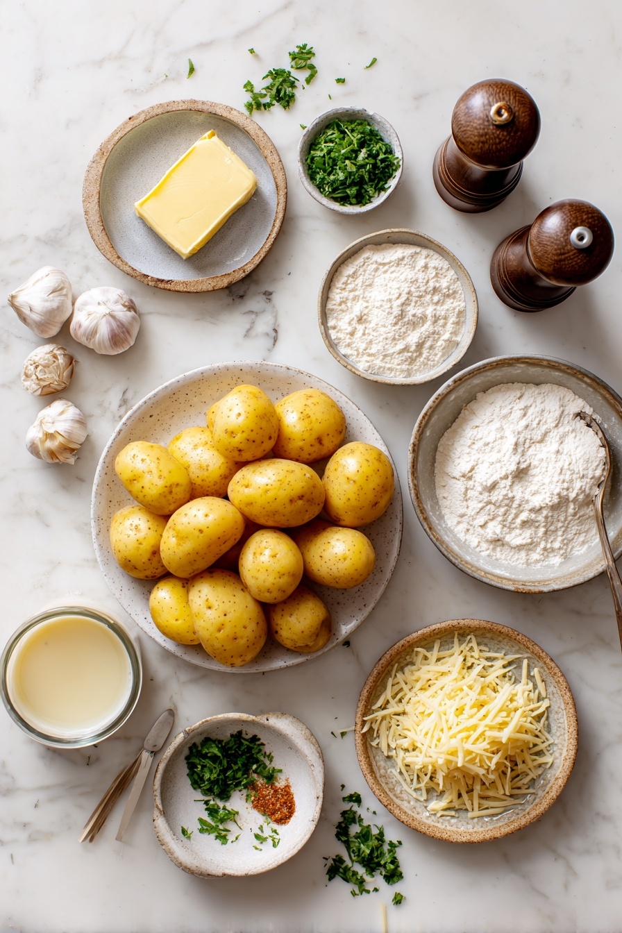 Creamy Garlic Potatoes, creamy garlic potatoes recipe, easy garlic potatoes, comforting potato side dish, flavorful garlic potato recipe - Flat lay of a small pile of yellow baby potatoes, a few garlic cloves minced in a small bowl, a pat of butter on a dish, a small mound of flour, a small cup of chicken broth, a half cup of creamy half and half in a glass, a small pile of shredded Parmesan cheese, a pinch of cayenne pepper in a tiny dish, fresh chopped parsley scattered around, with salt and black pepper grinders nearby, all placed on a white marble surface, photo taken with an iphone --ar 2:3 --v 7