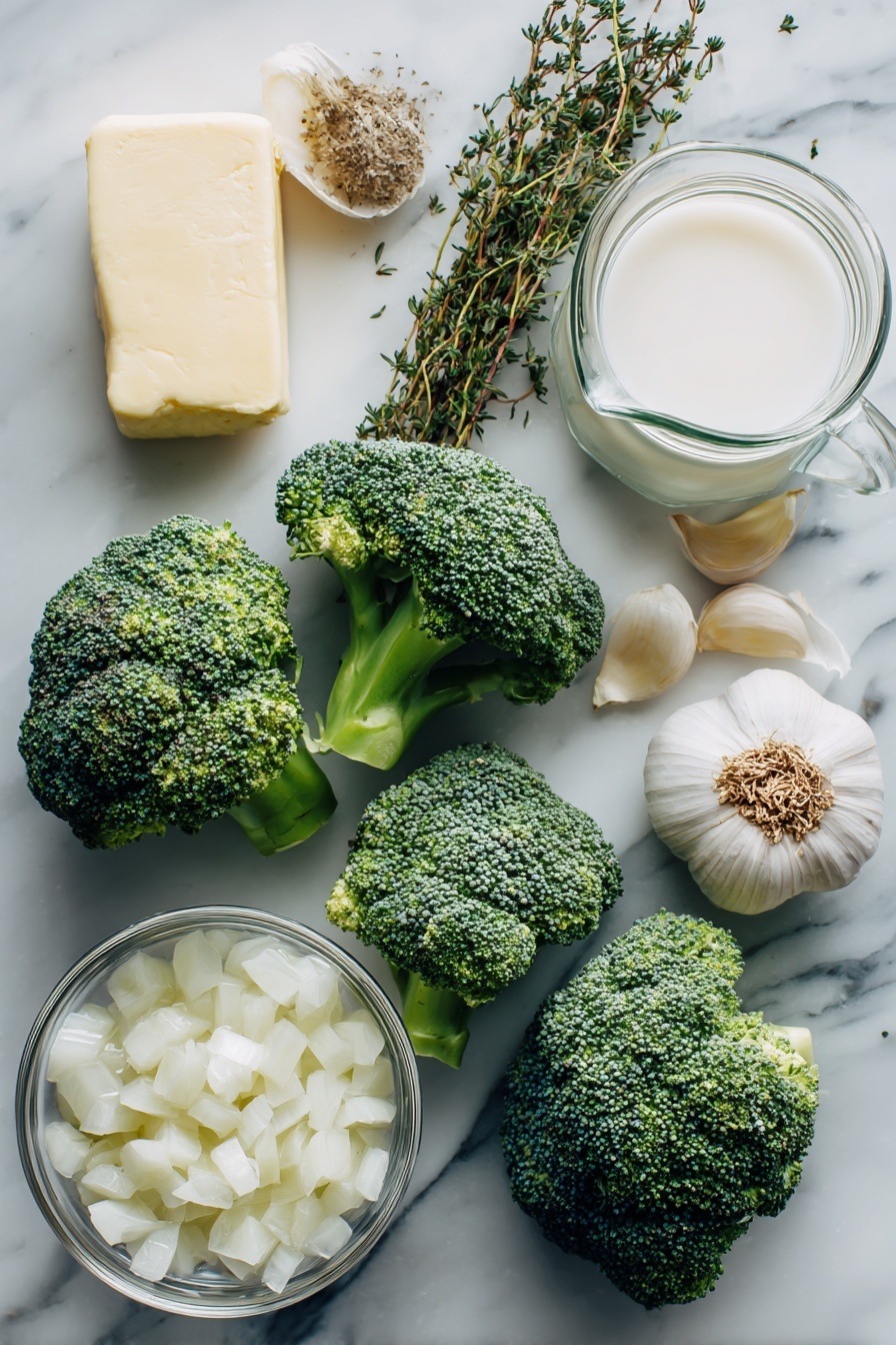 Cream of Broccoli Soup, Broccoli Soup Recipe, Easy Broccoli Soup, Healthy Creamy Soup, Vegetarian Broccoli Soup - Flat lay of fresh broccoli florets, a medium diced white onion, whole garlic cloves, sprigs of dried thyme and oregano, a small mound of salted butter, and a splash of creamy milk and heavy cream artfully arranged in clear glass containers, placed on a white marble surface, photo taken with an iphone --ar 2:3 --v 7
