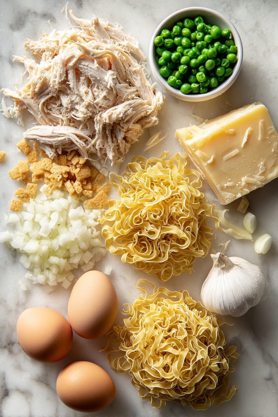 Creamy Chicken Casserole, Chicken casserole recipe, cheesy chicken bake, comfort food dinner, easy chicken casserole - Flat lay of shredded cooked chicken, bright green frozen peas, diced white onion, minced garlic cloves, a block of sharp cheddar cheese with some shreds scattered nearby, pale yellow butter, a small pile of crushed golden crackers, and a wedge of grated parmesan cheese artfully arranged with uncooked egg noodles in loose nests, placed on a white marble surface, photo taken with an iphone --ar 2:3 --v 7