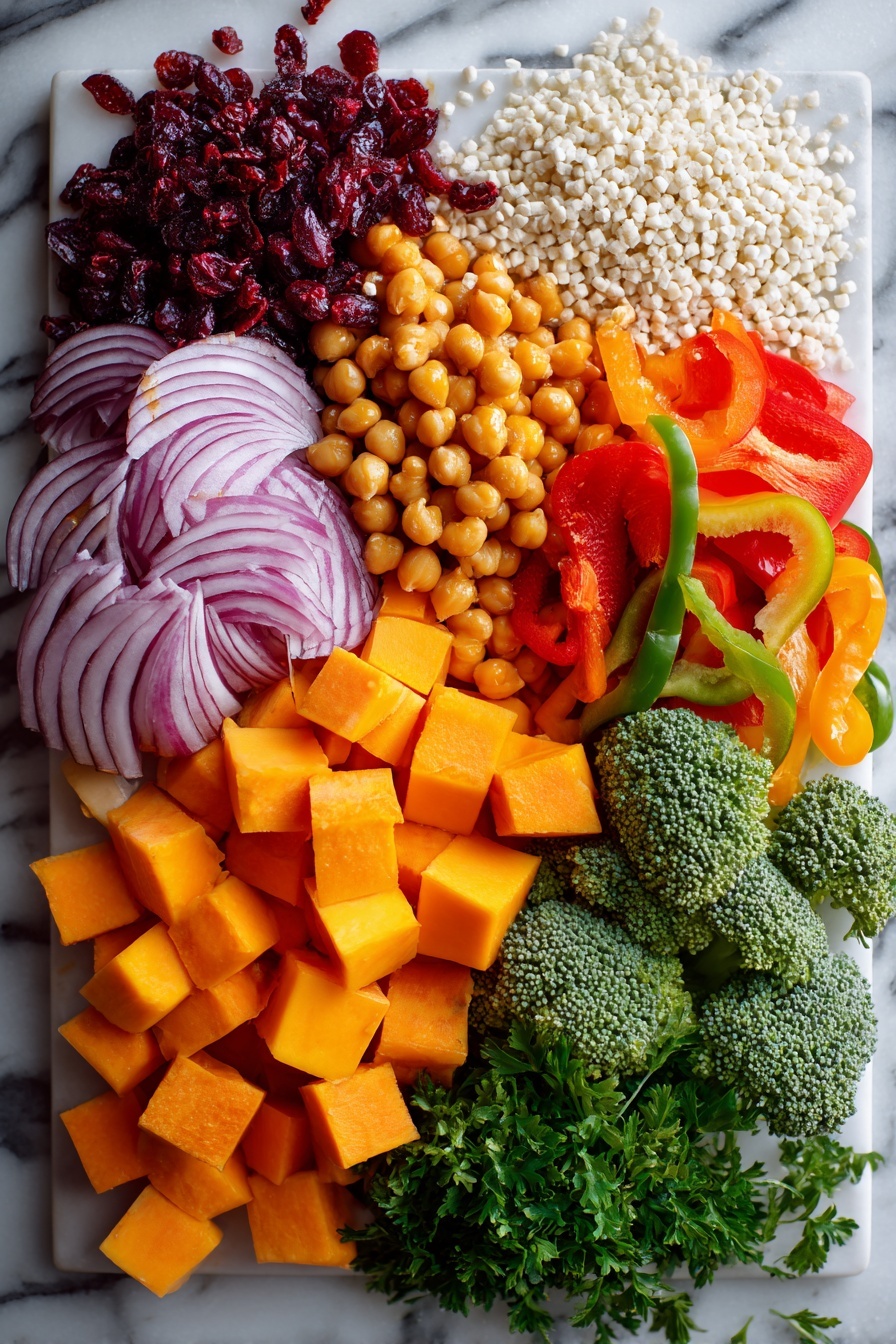 Roasted Pumpkin Couscous Salad, Vegetable and Cranberry Salad, Fall Vegetable Salad Recipe, Healthy Pumpkin Salad, Easy Couscous Salad - Flat lay of vibrant cubed pumpkin, bright red onion wedges, colorful red and green bell pepper slices, fresh green broccoli florets, crisp orange carrot slices, golden chickpeas, raw pearl couscous grains, sprinkled pumpkin seeds, dried cranberries, and fresh chopped parsley, all beautifully arranged in an artful composition on a white marble surface, photo taken with an iphone --ar 2:3 --v 7