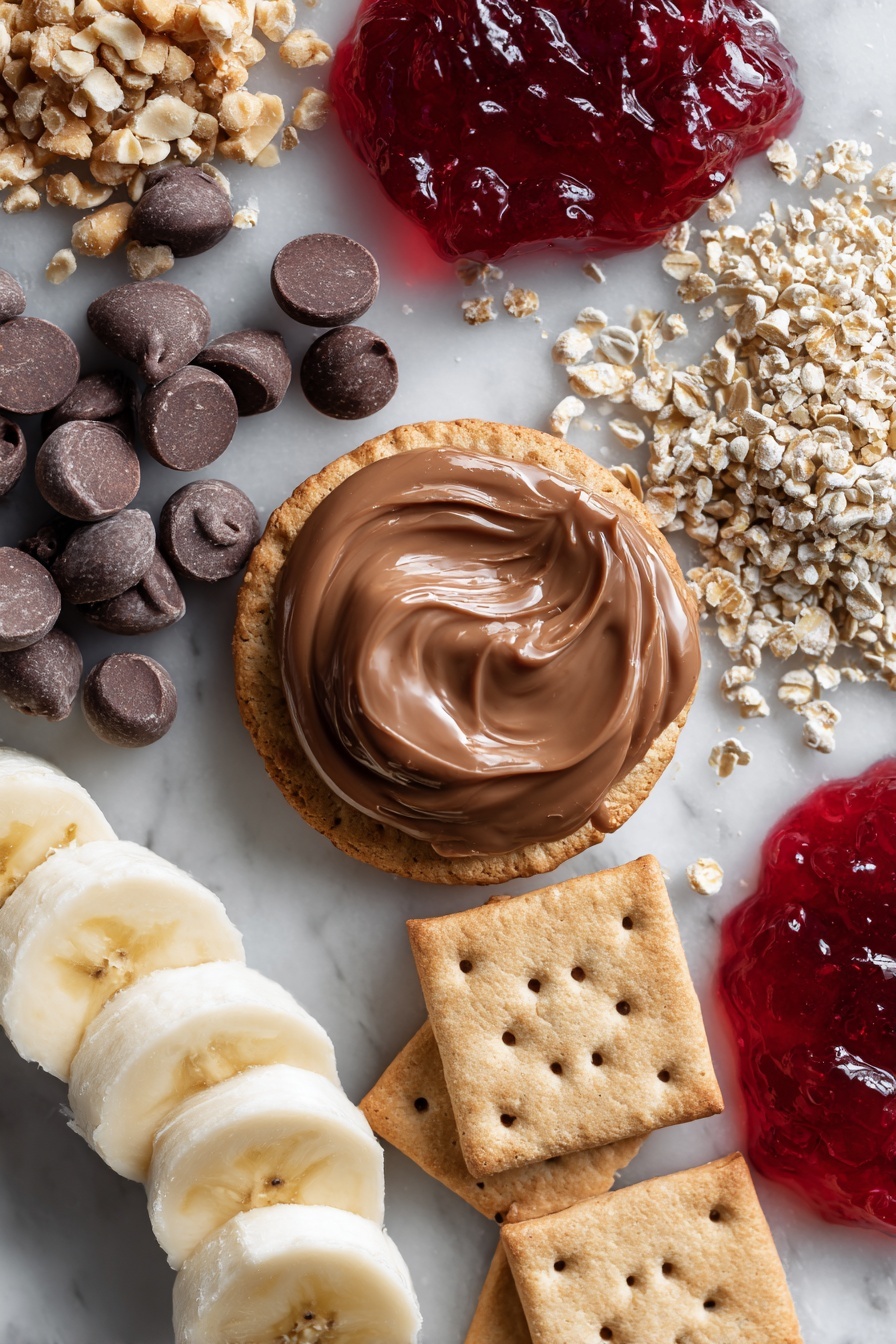 Peanut Butter Cracker Sandwiches Dipped in Vegan Chocolate, vegan chocolate cracker snacks, easy vegan dessert recipes, quick vegan sweet treats, healthy vegan snacks - Flat lay of smooth peanut butter spread in a small dollop, glossy vegan chocolate chips scattered around, a neat stack of round snack crackers, a small pile of crushed nuts shimmering with texture, vibrant dollops of jelly in rich red hues, fresh ripe banana slices with soft cream color and seeds visible, and a few square graham crackers with a crumbly texture, all beautifully arranged with balanced spacing and natural light highlighting their colors and textures, placed on a white marble surface, photo taken with an iphone --ar 2:3 --v 7
