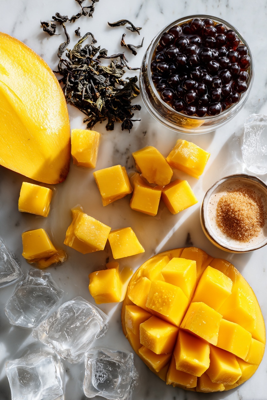 Mango Bubble Tea with Tapioca Pearls, Mango Bubble Tea, Tapioca Pearls Bubble Tea, Fresh Mango Bubble Tea, Homemade Bubble Tea - Flat lay of ripe mangoes cut into bright yellow cubes, glossy black cooked tapioca pearls glistening with brown sugar syrup, loose green tea leaves scattered nearby, a small pile of brown sugar crystals, a splash of creamy plant-based milk in a glass pour, and a few ice cubes sparkling clear, all beautifully arranged with vibrant colors and textures, placed on a white marble surface, photo taken with an iphone --ar 2:3 --v 7