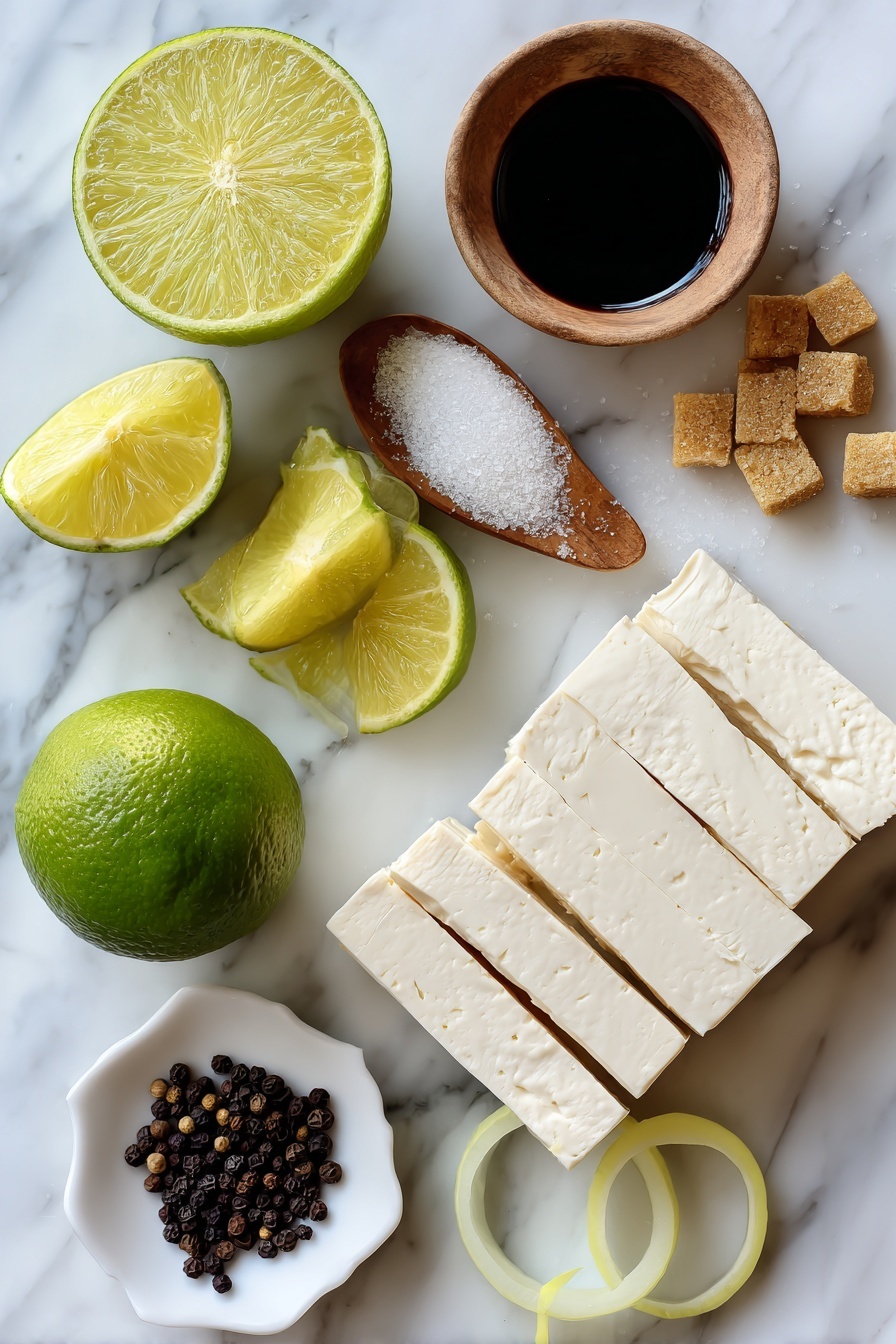 Sautéed Lime Tofu, lime tofu stir-fry, crispy tofu with lime, tangy tofu recipe, easy tofu stir-fry - Flat lay of firm tofu strips, fresh whole lime and lime wedges, glossy yellow onion slices, small piles of brown sugar crystals, a small dish of dark soy sauce, and a scattering of black peppercorns beautifully arranged on a white marble surface, photo taken with an iphone --ar 2:3 --v 7