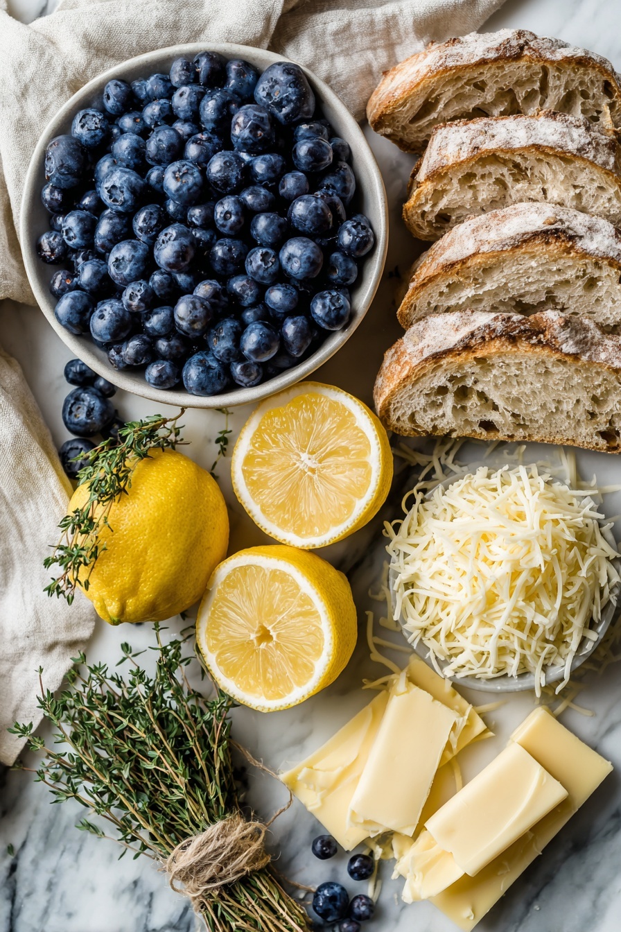 Blueberry White Cheddar Grilled Cheese, gourmet grilled cheese, blueberry cheese sandwich, savory fruit grilled cheese, easy cheesy sandwiches - Flat lay of fresh blueberries spilling gently from a small cluster, vibrant lemon halves with visible juice droplets, bright green lemon thyme sprigs tied with twine, rustic slices of sourdough bread showcasing their thick crust and airy crumb, shredded white cheddar cheese and shredded mozzarella cheese piles side by side displaying creamy textures, and a few pats of pale yellow butter arranged neatly, all placed on a white marble surface, photo taken with an iphone --ar 2:3 --v 7