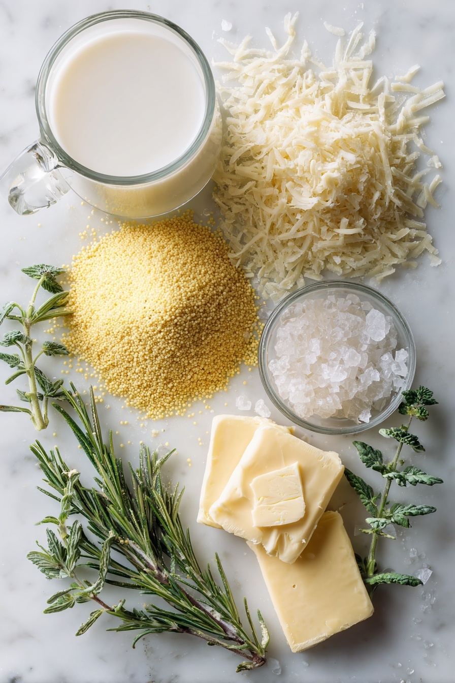 Creamy Polenta with Parmesan Cheese, creamy polenta recipe, cheesy polenta dish, Italian-style polenta, easy polenta side dish - Flat lay of coarse yellow cornmeal in a small mound, a generous pile of grated Parmesan cheese with some shavings scattered around, a few pats of creamy butter, fresh green rosemary sprigs with delicate leaves, a glass of white milk with a soft reflection, and crystal-like kosher salt flakes arranged carefully, all placed on a white marble surface, photo taken with an iphone --ar 2:3 --v 7