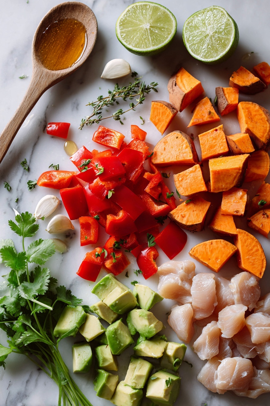 Grilled Chili Lime Honey Chicken, Chili Lime Honey Chicken with Sweet Potatoes and Avocado Salsa, healthy grilled chicken recipes, flavorful chicken dinner, easy summer chicken recipes - Flat lay of bright orange sweet potato wedges, vibrant red bell pepper chunks, fresh green avocado cubes, a whole jalapeño pepper, fresh lime halves, sprigs of green cilantro and oregano, garlic cloves, and glistening honey drizzled on a small wooden spoon, all beautifully arranged with pieces of raw chicken breast chunks scattered artfully, placed on a white marble surface, photo taken with an iphone --ar 2:3 --v 7