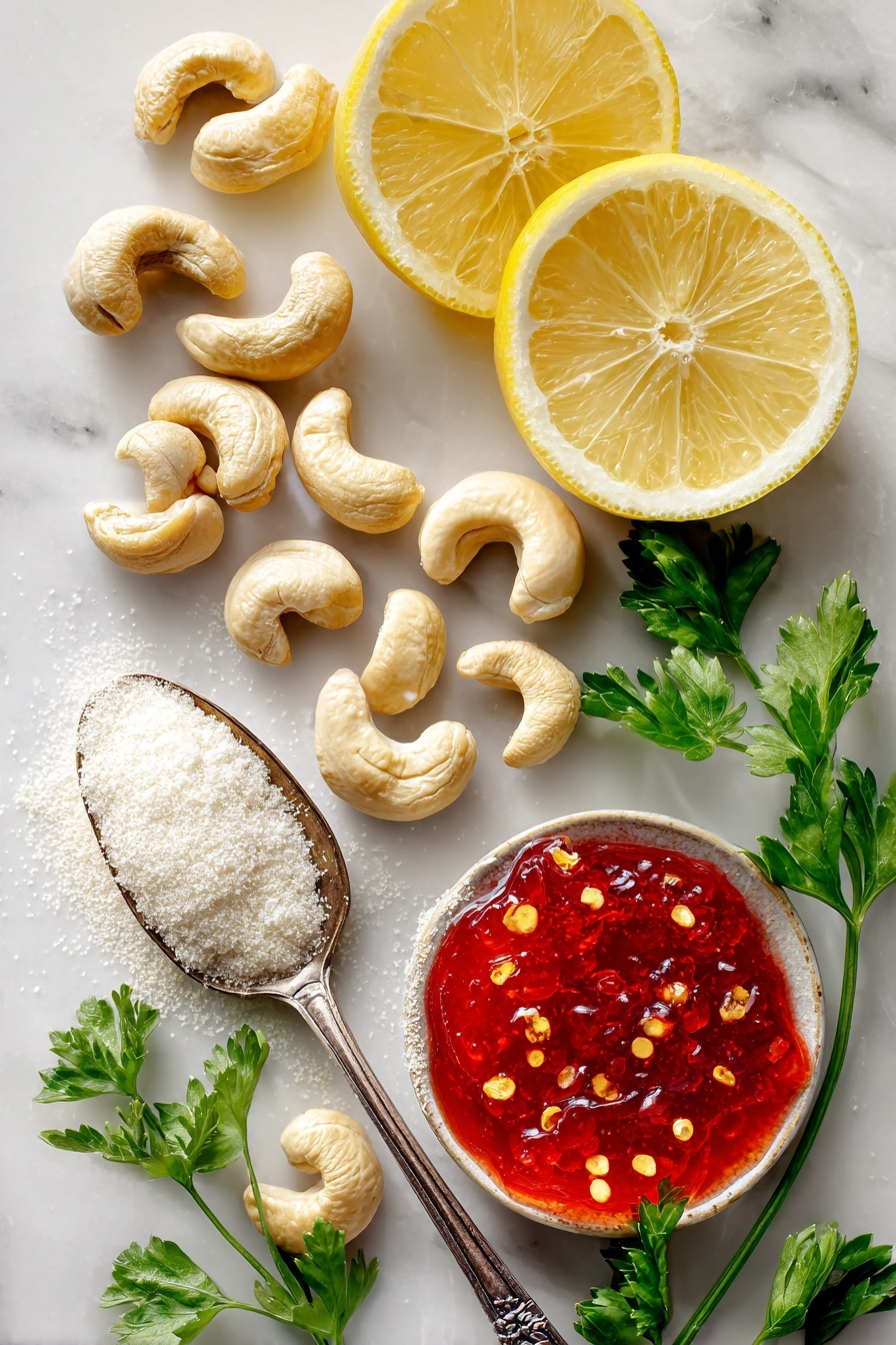 Vegan Brie Dip with Pepper Jelly, vegan cheese dip, plant-based party dip, dairy-free cheese appetizer, easy vegan dip - Flat lay of raw cashews, fresh lemon halves with bright yellow flesh, a small mound of white miso paste, translucent tapioca starch powder, a spoonful of vivid red pepper jelly glistening with visible chili flakes, and sprigs of fresh green parsley, all beautifully arranged with vibrant colors and textures, placed on a white marble surface, photo taken with an iphone --ar 2:3 --v 7