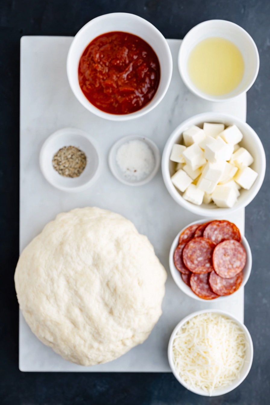 Delicious Homemade Pizza Balls, garlic butter pizza snacks, easy pizza bomb recipe, stuffed pizza bites, party appetizer ideas - Flat lay of a stack of round, pale buttermilk biscuits with smooth tops, a small white bowl filled with rich red pizza sauce, a neat pile of glossy mini pepperoni slices, sixteen small cubes of fresh white mozzarella cheese arranged symmetrically, a simple white bowl holding melted golden butter, another white bowl with finely grated pale parmesan cheese, and a small white bowl containing a mix of dried Italian seasoning and garlic salt sprinkled evenly, placed on a clean white marble surface, soft natural light, photo taken with an iPhone, professional food photography style, fresh ingredients, white ceramic bowls, no bottles, no duplicates, no utensils, no packaging --ar 2:3 --v 7 --p awthu7i m7354615311229779997