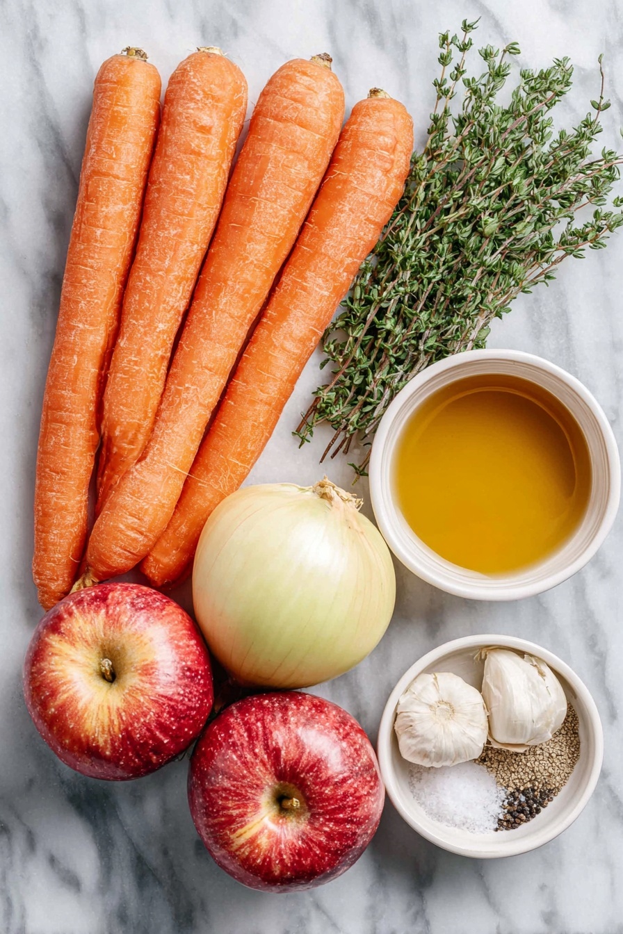 Maple Dijon Roasted Carrots and Apples, roasted carrots with maple and Dijon, fall side dishes with apples and carrots, easy roasted vegetable recipes, cozy autumn side dish - Flat lay of fresh whole large orange carrots with leafy green tops removed, three large rosy red and yellow apples, a medium yellow onion with papery skin, five whole uncracked garlic cloves, a few sprigs of fresh green thyme, small white ceramic bowls each containing golden olive oil, amber maple syrup, coarse whole grain Dijon mustard, fine sea salt crystals, and whole black peppercorns, all arranged symmetrically and balanced, placed on a clean white marble surface, soft natural light, photo taken with an iPhone, professional food photography style, fresh ingredients, white ceramic bowls, no bottles, no duplicates, no utensils, no packaging --ar 2:3 --v 7 --p awthu7i m7354615311229779997