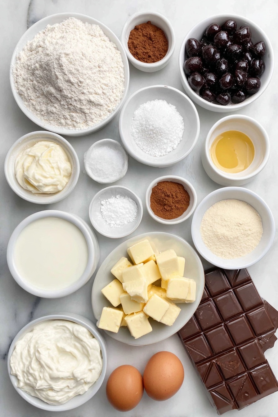 Chocolate Cherry Black Forest Pie, Black Forest Pie, Cherry Chocolate Pie, Black Forest Dessert, Chocolate Cherry Pie Recipe - Flat lay of a small mound of all purpose flour, a small bowl of cocoa powder, a few grains of coarse sea salt scattered beside a small pile of granulated sugar, frozen cubes of unsalted butter, a small white bowl holding cold sour cream, a small white bowl with pure vanilla extract, a small white bowl of cold water, a heaping mound of frozen tart cherries, a small white bowl of cornstarch, a small pinch of ground cinnamon next to a tiny pile of coarse demerara sugar, a small white bowl containing cherry liquor, a small white bowl with almond extract, a small white bowl of heavy whipping cream, a small white bowl with granulated sugar, a small white bowl with mascarpone cheese, two whole uncracked brown eggs, and a bar of dark chocolate partly shaved, all arranged with perfect symmetry on simple white ceramic bowls and plates, placed on a clean white marble surface, soft natural light, photo taken with an iPhone, professional food photography style, fresh ingredients, white ceramic bowls, no bottles, no duplicates, no utensils, no packaging --ar 2:3 --v 7 --p awthu7i m7354615311229779997