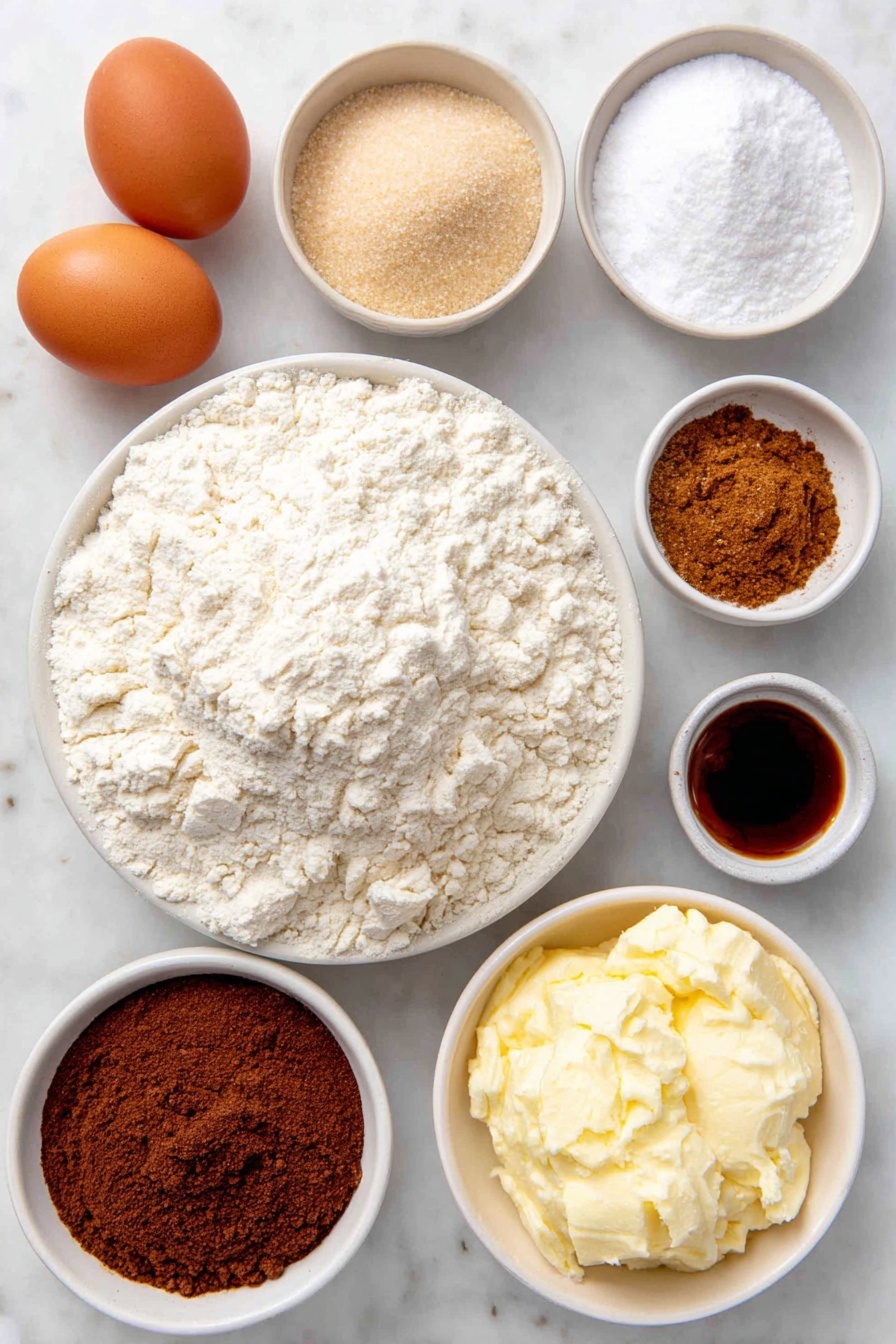 Gingerbread Cake with Butterscotch Sauce, gingerbread cake recipe, spiced gingerbread dessert, moist gingerbread cake, easy holiday gingerbread cake - Flat lay of a small mound of all-purpose flour, two teaspoons of ground ginger in a small white bowl, a small white bowl with cinnamon powder, another with nutmeg powder, a tiny white bowl containing ground cloves, a small white bowl with baking soda, a pinch of salt in a tiny white bowl, a small white bowl holding melted unsalted butter, a small white bowl filled with light brown sugar, a small white bowl with dark molasses, a small white bowl of hot water, two whole uncracked brown eggs, a small white bowl with vanilla extract, placed on a clean white marble surface, soft natural light, photo taken with an iPhone, professional food photography style, fresh ingredients, white ceramic bowls, no bottles, no duplicates, no utensils, no packaging --ar 2:3 --v 7 --p awthu7i m7354615311229779997