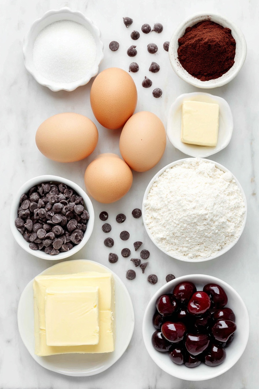Chocolate Cherry Cheesecake Cookies, cherry chocolate cookie recipe, no-bake cheesecake cookies, easy fruit dessert cookies, chocolate cherry dessert - Flat lay of a small block of salted butter, two whole brown eggs with clean shells, a few heaped tablespoons of white granulated sugar and light brown sugar placed side by side, a small white bowl filled with dark cocoa powder, another small white bowl containing fine instant chocolate pudding mix powder, a neat pile of all-purpose flour, a small white bowl of creamy softened cream cheese, a small cube of softened butter, a small white bowl filled with powdered sugar, a small white bowl holding glossy whole cherries in thick pie filling syrup, and a scattering of mini chocolate chips arranged symmetrically, all on simple white ceramic bowls and plates, placed on a clean white marble surface, soft natural light, photo taken with an iPhone, professional food photography style, fresh ingredients, white ceramic bowls, no bottles, no duplicates, no utensils, no packaging --ar 2:3 --v 7 --p awthu7i m7354615311229779997