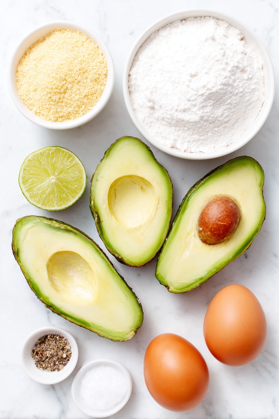 Baked Avocado Fries, healthy baked avocado snack, crispy avocado fries, vegan avocado recipes, easy baked avocado snack - Flat lay of two large sliced avocado wedges with bright green flesh and dark skin, one halved fresh lime with visible juicy pulp, two whole uncracked brown eggs, a small white ceramic bowl of fine white flour, a small white ceramic bowl filled with golden panko bread crumbs, a small white ceramic bowl containing coarse ground black pepper, a small white ceramic bowl with kosher salt crystals, placed on a clean white marble surface, soft natural light, photo taken with an iPhone, professional food photography style, fresh ingredients, white ceramic bowls, no bottles, no duplicates, no utensils, no packaging --ar 2:3 --v 7 --p m7354615311229779997