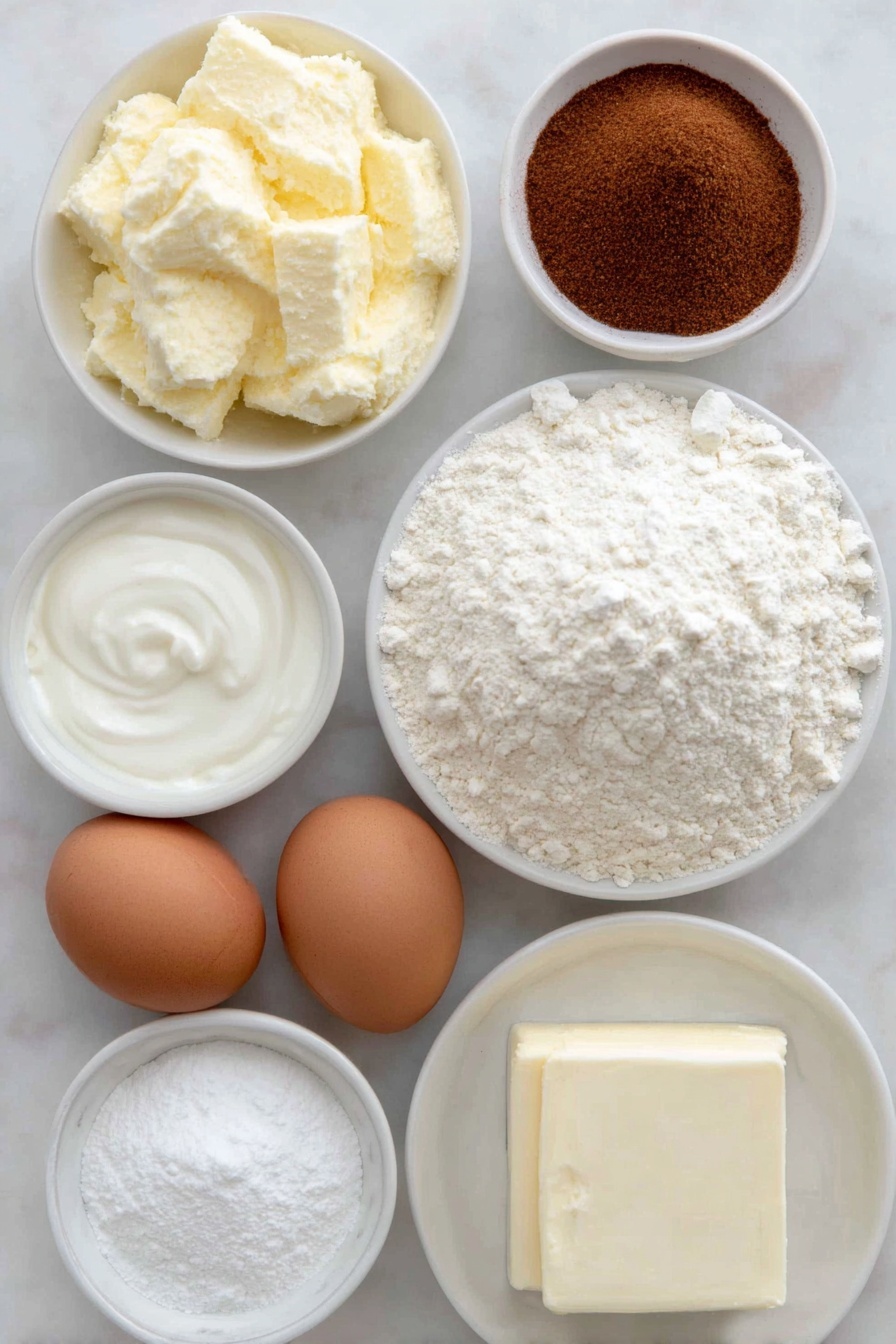 Cinnamon Bundt Cake with Cream Cheese Icing, cinnamon bundt cake recipe, easy cinnamon cake, moist cinnamon cake with cream cheese frosting, homemade cinnamon bundt cake - Flat lay of a small mound of golden unsalted butter, two large brown eggs with clean shells, a small white bowl filled with thick white sour cream, a small white bowl holding clear pale vanilla extract, a neat pile of white all-purpose flour, a small white bowl of light beige baking soda powder, a small white bowl with fine ground cinnamon powder, a small white bowl containing light brown packed brown sugar, a block of creamy white cream cheese, a small white bowl of fine white powdered sugar, a small white bowl filled with creamy light 2% milk, all ingredients arranged symmetrically on a clean white ceramic surface, placed on a clean white marble surface, soft natural light, photo taken with an iPhone, professional food photography style, fresh ingredients, white ceramic bowls, no bottles, no duplicates, no utensils, no packaging --ar 2:3 --v 7 --p m7354615311229779997