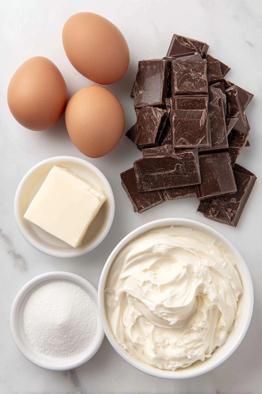 Decadent Chocolate Mousse, chocolate mousse recipe, rich chocolate dessert, airy chocolate mousse, homemade chocolate mousse - Flat lay of three whole brown eggs with clean shells, a small pile of broken dark cooking chocolate pieces with a rich deep brown color, a small pat of creamy unsalted butter, a small white ceramic bowl filled with thick full-fat cream, and a small white ceramic bowl containing fine white caster sugar, a few thin delicate chocolate shavings artfully scattered on the side, all arranged in perfect symmetry on a clean white marble surface, soft natural light, photo taken with an iPhone, professional food photography style, fresh ingredients, white ceramic bowls, no bottles, no duplicates, no utensils, no packaging --ar 2:3 --v 7 --p m7354615311229779997