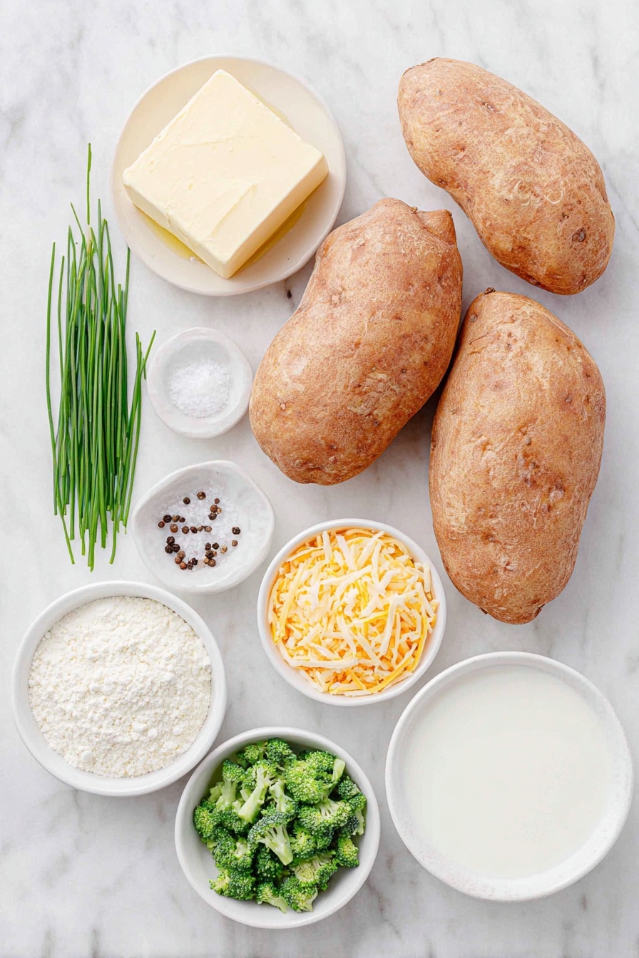 Cheesy Broccoli Baked Potatoes, broccoli stuffed baked potatoes, cheesy stuffed potatoes, healthy baked potato recipes, easy cheesy broccoli dinner - Flat lay of two large russet potatoes with rough brown skin, a small white ceramic bowl with golden olive oil, a small white bowl of coarse kosher salt, a small white bowl with whole black peppercorns, a few fresh green chives with slender stalks, a small white bowl of pale yellow unsalted butter, a small white bowl of fine all-purpose flour, a small white bowl filled with creamy whole milk, a small white bowl with bright orange shredded medium cheddar cheese, and a small white bowl of finely chopped vibrant green broccoli florets, all arranged in perfect symmetry on a clean white marble surface, soft natural light, photo taken with an iPhone, professional food photography style, fresh ingredients, white ceramic bowls, no bottles, no duplicates, no utensils, no packaging --ar 2:3 --v 7 --p m7354615311229779997