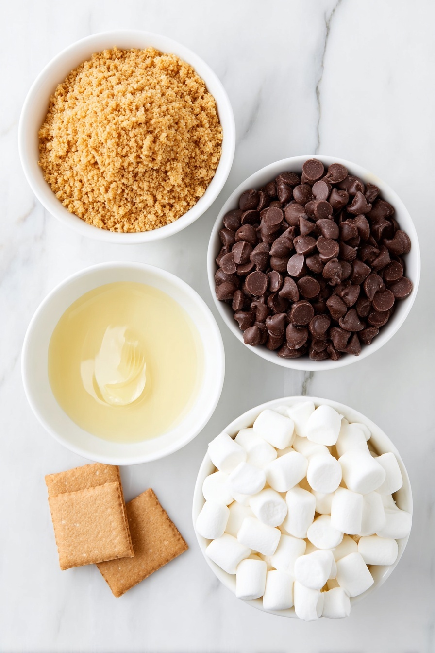 Classic S'more Bars, S'mores dessert, easy s'mores recipe, chocolate marshmallow bars, campfire treat - Flat lay of a small pile of golden graham cracker crumbs, a small white bowl of melted butter with a glossy surface, a simple white ceramic bowl filled with glossy dark chocolate chips, and a white ceramic bowl heaped with small, fresh mini marshmallows, all arranged symmetrically on a clean white marble surface, soft natural light, photo taken with an iPhone, professional food photography style, fresh ingredients, white ceramic bowls, no bottles, no duplicates, no utensils, no packaging --ar 2:3 --v 7 --p m7354615311229779997