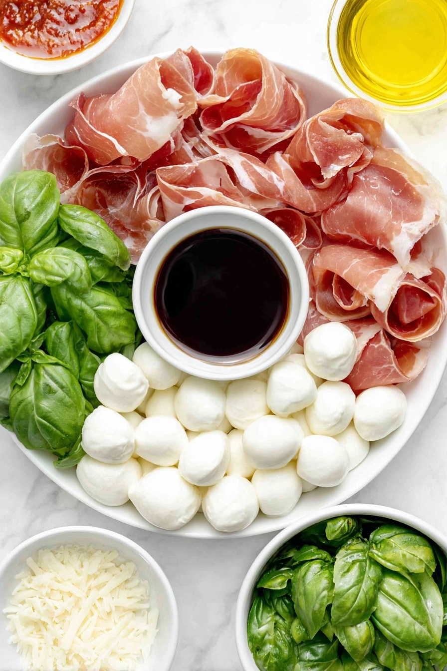 Prosciutto Mozzarella Bites with Basil, prosciutto appetizer, easy finger food, elegant party snacks, fresh basil appetizer - Flat lay of fresh thinly sliced prosciutto halves arranged flat, small smooth white mozzarella balls glistening, vibrant green basil leaves with natural texture, a small white ceramic bowl filled with glossy dark balsamic glaze, all ingredients evenly spaced and perfectly symmetrical, placed on a clean white marble surface, soft natural light, photo taken with an iPhone, professional food photography style, fresh ingredients, white ceramic bowls, no bottles, no duplicates, no utensils, no packaging --ar 2:3 --v 7 --p m7354615311229779997