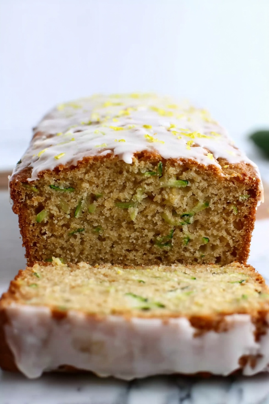 Lemon Zucchini Bread, zucchini bread with lemon, moist lemon zucchini loaf, quick zucchini bread recipes, lemon zucchini cake - A loaf of zucchini bread sliced at the front, showing a moist texture with small green zucchini pieces spread inside the light brown crumb. The top layer and edges of the bread have a thin white icing drizzle that covers the whole surface unevenly with small yellow bits sprinkled on top. The bread sits directly on a white marbled surface, with the background also white marbled, creating a clean bright setting. photo taken with an iphone --ar 2:3 --v 7