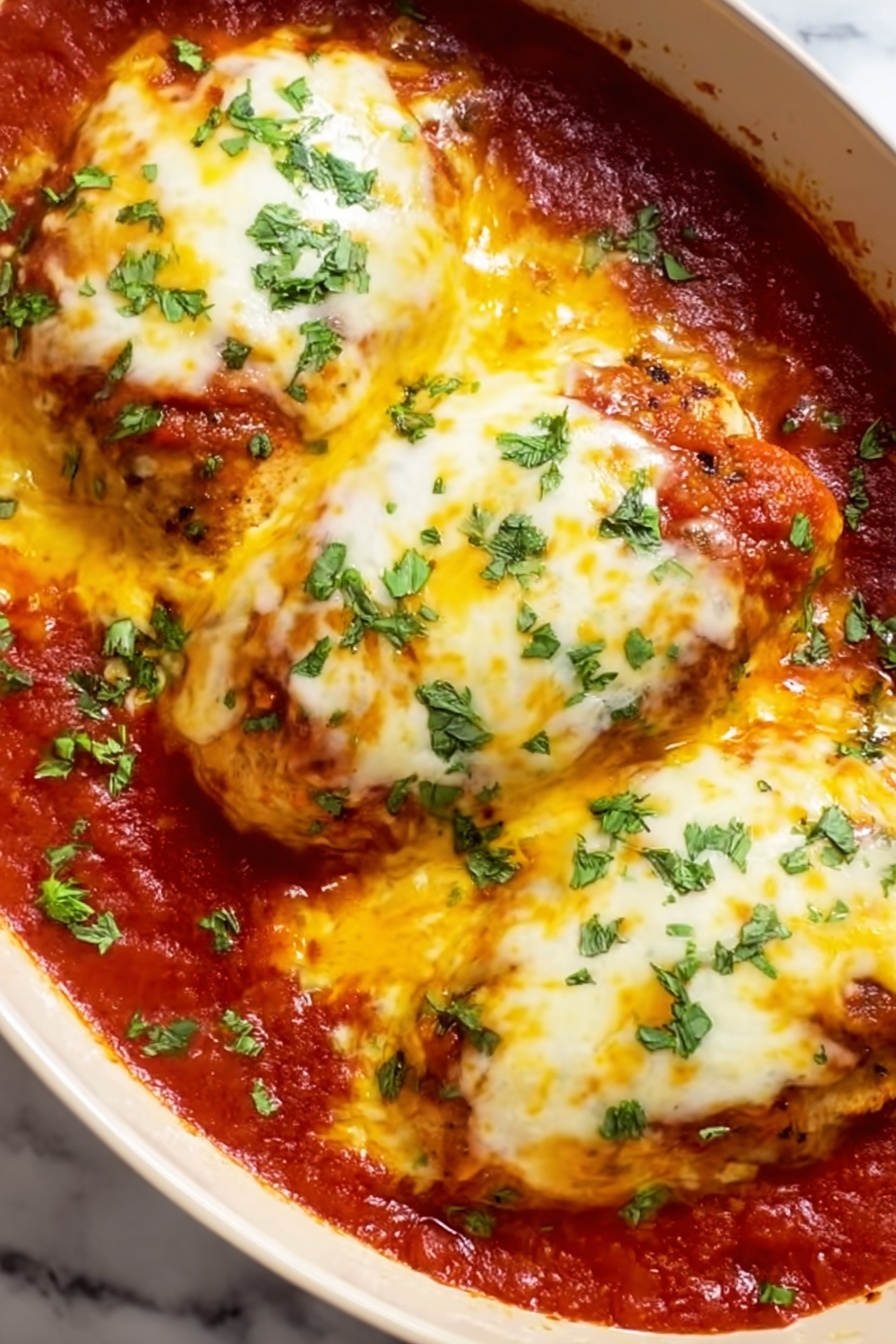 Salsa Chicken Bake, Chicken Bake with Salsa, Easy Salsa Chicken Dinner, Cheesy Salsa Chicken Casserole, Quick Chicken Salsa Recipe - The image shows three large pieces of cooked chicken placed in a white ceramic dish, each covered with melted layers of yellow and white cheese. The chicken is partially submerged in a thick, rich red tomato sauce, which fills the spaces between the pieces. Bright green herbs are sprinkled over the cheese and sauce, adding a fresh look. The cheese has a smooth, slightly bubbly texture, while the sauce looks thick and hearty. The background features a white marbled surface. photo taken with an iphone --ar 2:3 --v 7