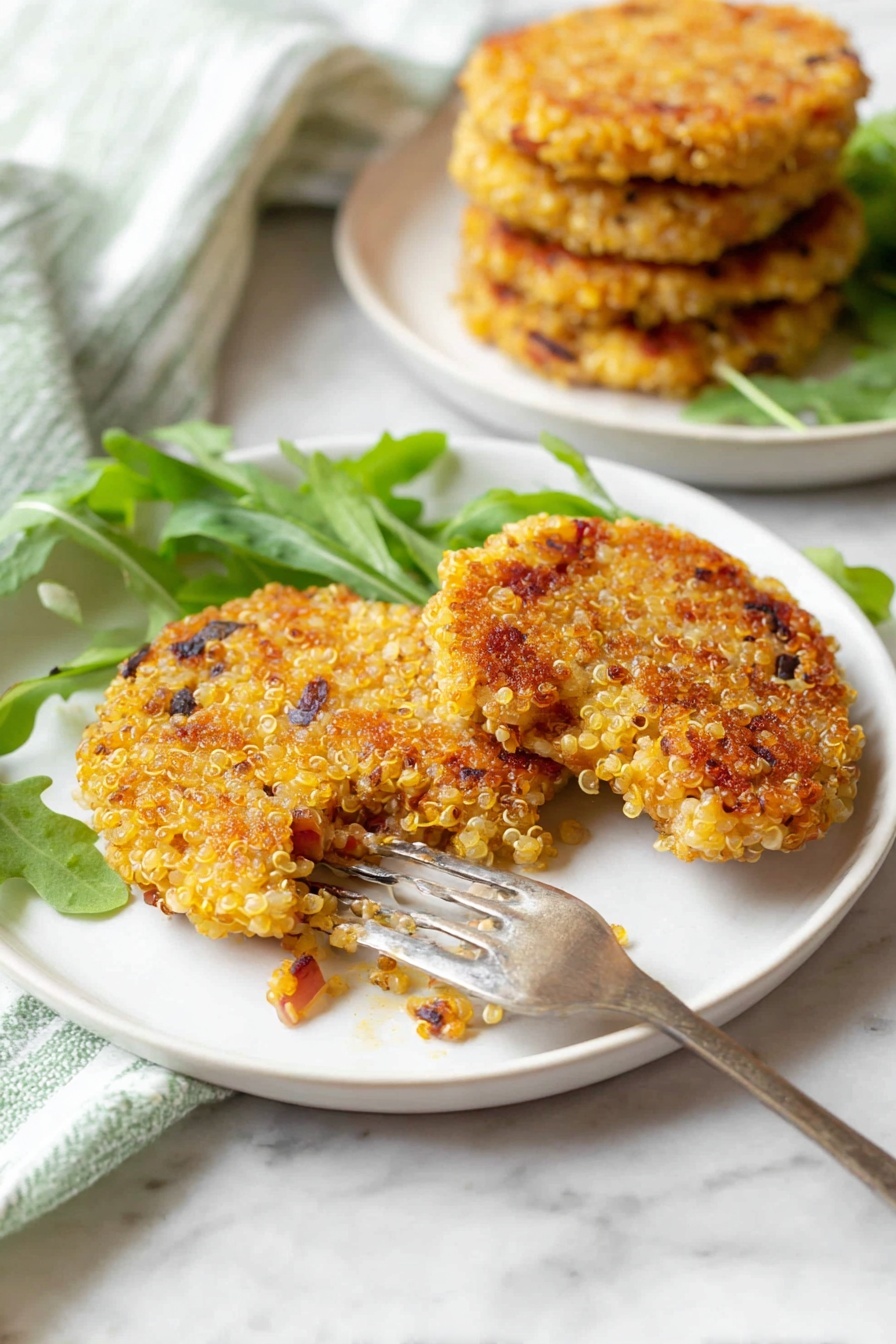 Quinoa Patties with Mozzarella, gluten-free quinoa patties, easy vegetarian snacks, healthy cheesy appetizers, crispy quinoa patties - The image shows two white plates on a white marbled surface. The front plate has two golden-brown quinoa patties with visible small pieces of red onion and crispy edges, one of which has a small piece taken off on a silver fork resting on the plate. There are a few fresh green arugula leaves placed beside the patties. The back plate, slightly out of focus, holds a stack of four similar quinoa patties. A green and white striped cloth napkin is partially visible on the left side. The light is natural and soft, making the colors warm and inviting. Photo taken with an iphone --ar 2:3 --v 7