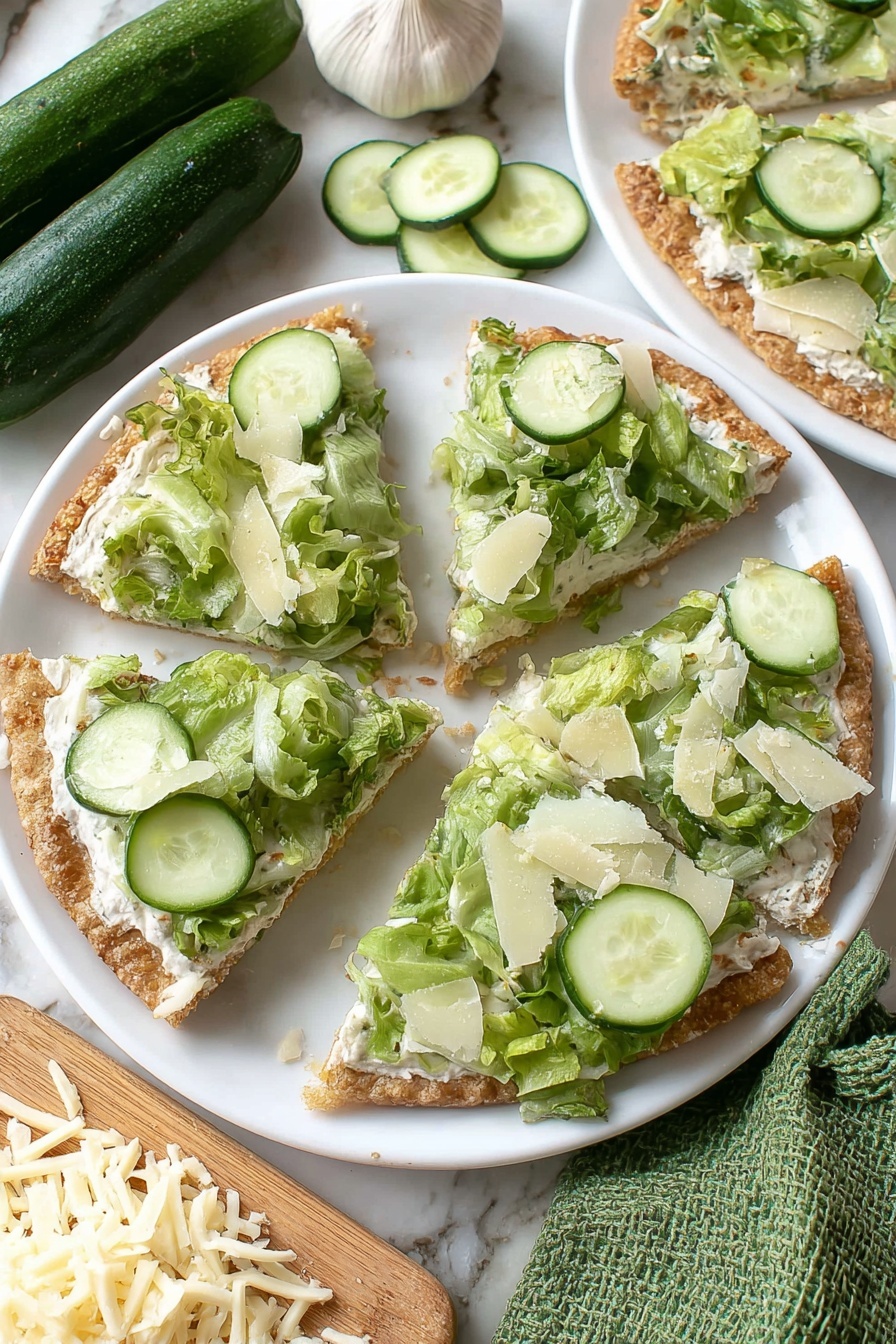 Viral Chicken Crust Caesar Salad Pizza, low-carb chicken crust pizza, healthy Caesar salad pizza, easy chicken crust pizza recipe, gluten-free chicken pizza - The image shows a white plate on a white marbled surface holding four slices of a flat dish. Each slice has a light brown crust base, a thin white creamy layer on top, followed by a thick layer of leafy green lettuce and round cucumber slices mixed evenly. Some shreds of pale cheese are scattered on the greens. Around the plate, there is a whole garlic bulb, a whole cucumber, a green textured cloth, and a wooden board with shredded pale cheese. The photo taken with an iphone --ar 2:3 --v 7