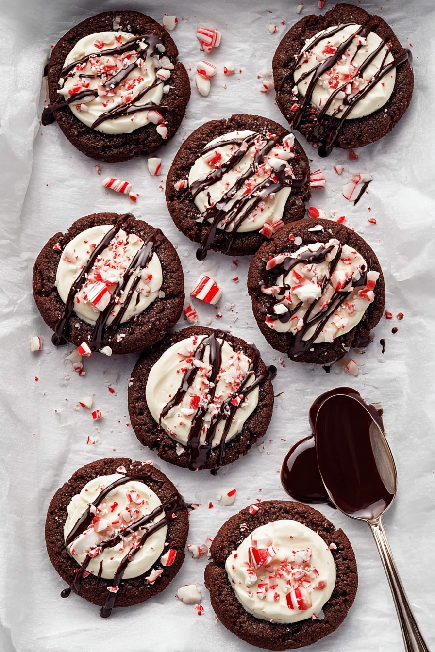 Peppermint Hot Chocolate Cookies, festive cookie recipes, winter dessert ideas, peppermint cookie video, chocolate marshmallow cookies - The image shows eight round chocolate cookies placed on white parchment paper on a white marbled surface. Each cookie has three layers: a dark brown base layer with a soft, cracked texture; a smooth, white cream circle on top in the center; and crushed red and white peppermint pieces sprinkled over the cream. Thin ribbons of dark chocolate drizzle crisscross over both the cream and cookie layers. A silver spoon with thick dark chocolate sauce rests near the cookies, adding a glossy texture. The overall scene is bright with a clean background highlighting the rich colors of the cookies. Photo taken with an iphone --ar 2:3 --v 7