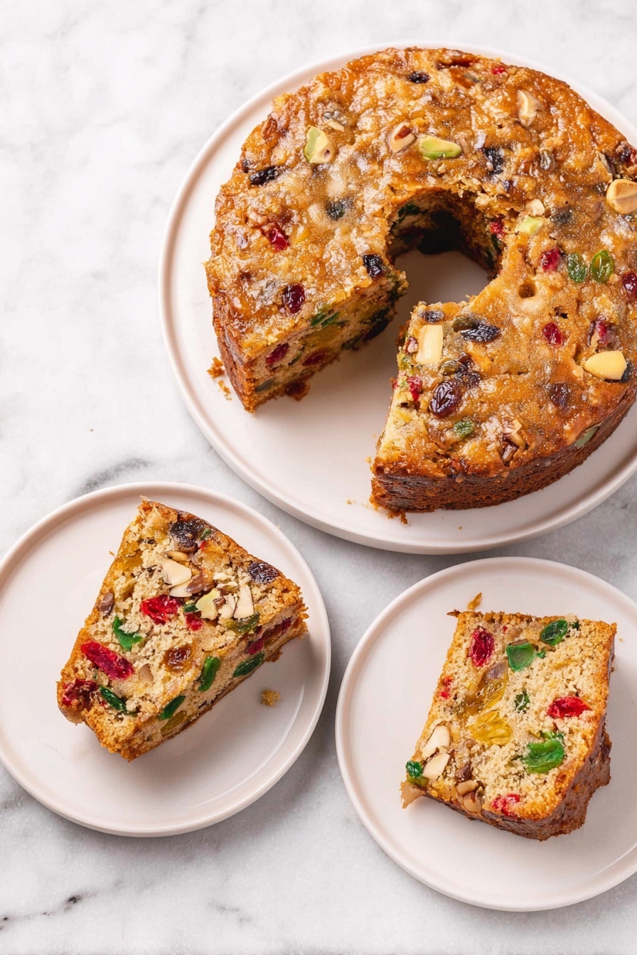 Delicious Candied Fruit Cake, candied fruit cake, holiday fruit cake, moist fruit cake, festive cake recipe - The image shows a round fruitcake with a hole in the center, placed on a white plate on a white marbled surface. The cake has a light brown, slightly textured top with visible mixed nuts and dried fruits embedded throughout. A single slice is cut and slightly pulled out, revealing the dense interior filled with green, red, and dark pieces of candied fruit and nuts in an off-white cake base. The cake looks moist with a rough surface on the edges of the slice. photo taken with an iphone --ar 2:3 --v 7