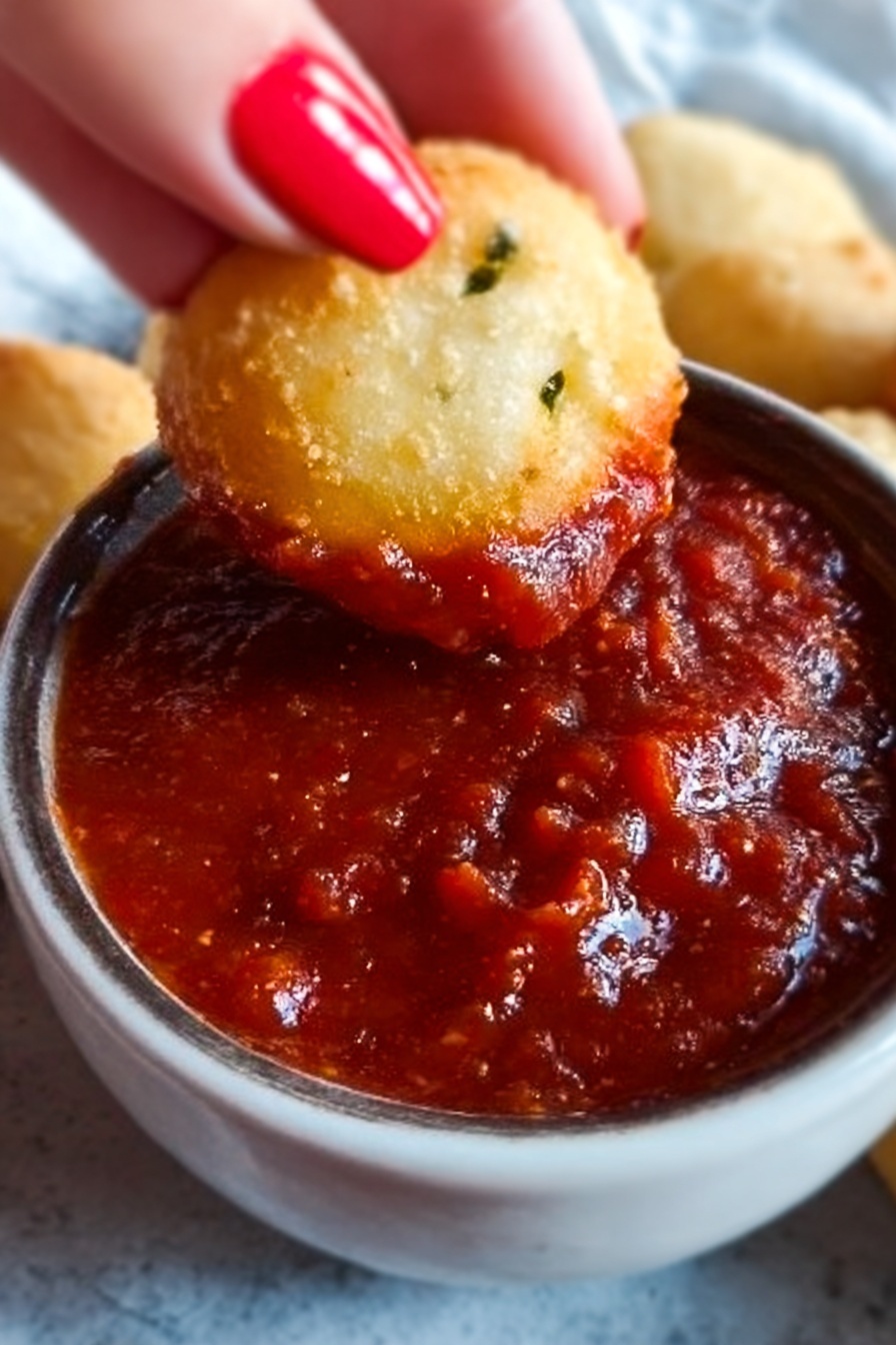 Cheesy Christmas Tree Bread, festive bread ideas, holiday pull-apart bread, Christmas party snacks, cheesy holiday bread - A close-up image shows a white marbled surface with a white bowl filled with thick red sauce that has a chunky texture and glossy finish. Above the bowl, a woman's hand with red painted nails is dipping a small round light golden brown fried item into the sauce. The fried item looks soft with a slightly crisp surface and a few green spots inside. The background is softly blurred to focus on the dip action. Photo taken with an iphone --ar 2:3 --v 7