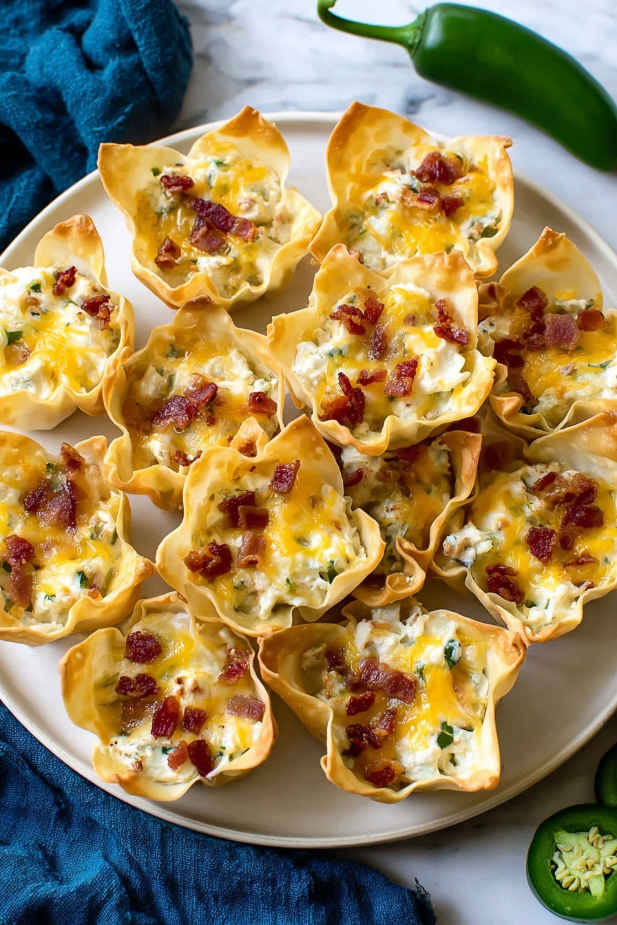 Jalapeno Popper Wonton Cups, spicy appetizers, cheesy jalapeno bites, easy party appetizers, bacon jalapeno cups - On a white plate set on a white marbled surface, there are eleven crispy golden brown wonton cups arranged closely together, each filled with a creamy white mixture that includes small green bits of jalapeño, topped with melted yellow cheddar cheese and small dark red pieces of crispy bacon; the wonton cups have uneven, slightly ruffled edges, and the colors of the filling contrast with the light golden shell and white plate; two green jalapeños and a blue cloth are visible near the plate; photo taken with an iphone --ar 2:3 --v 7